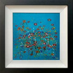 Abstract Red Pink Wild Flowers Turquoise Background II by British Artist