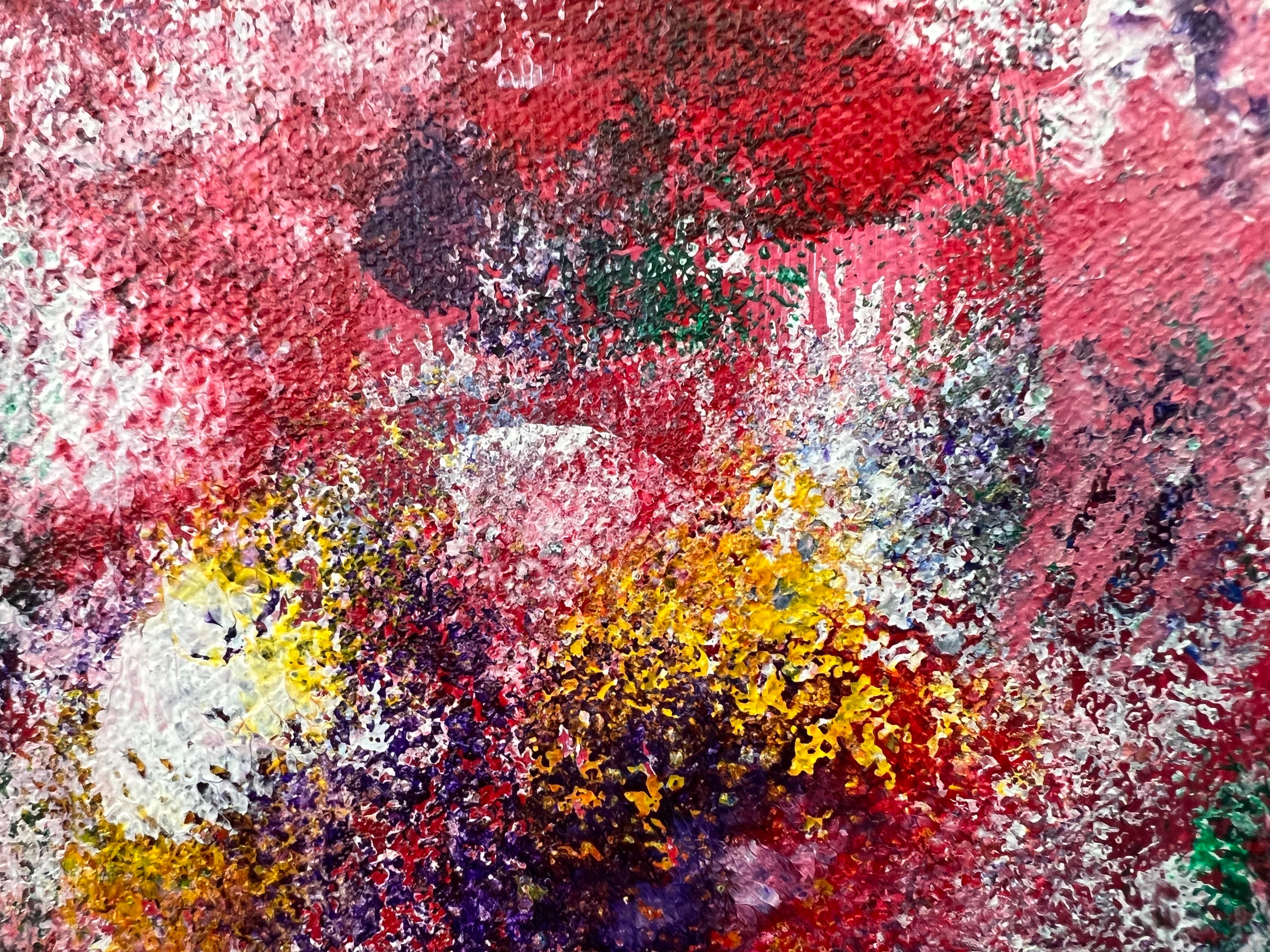 Pittura astratta rossa, viola, bianca e gialla di un artista britannico contemporaneo 9