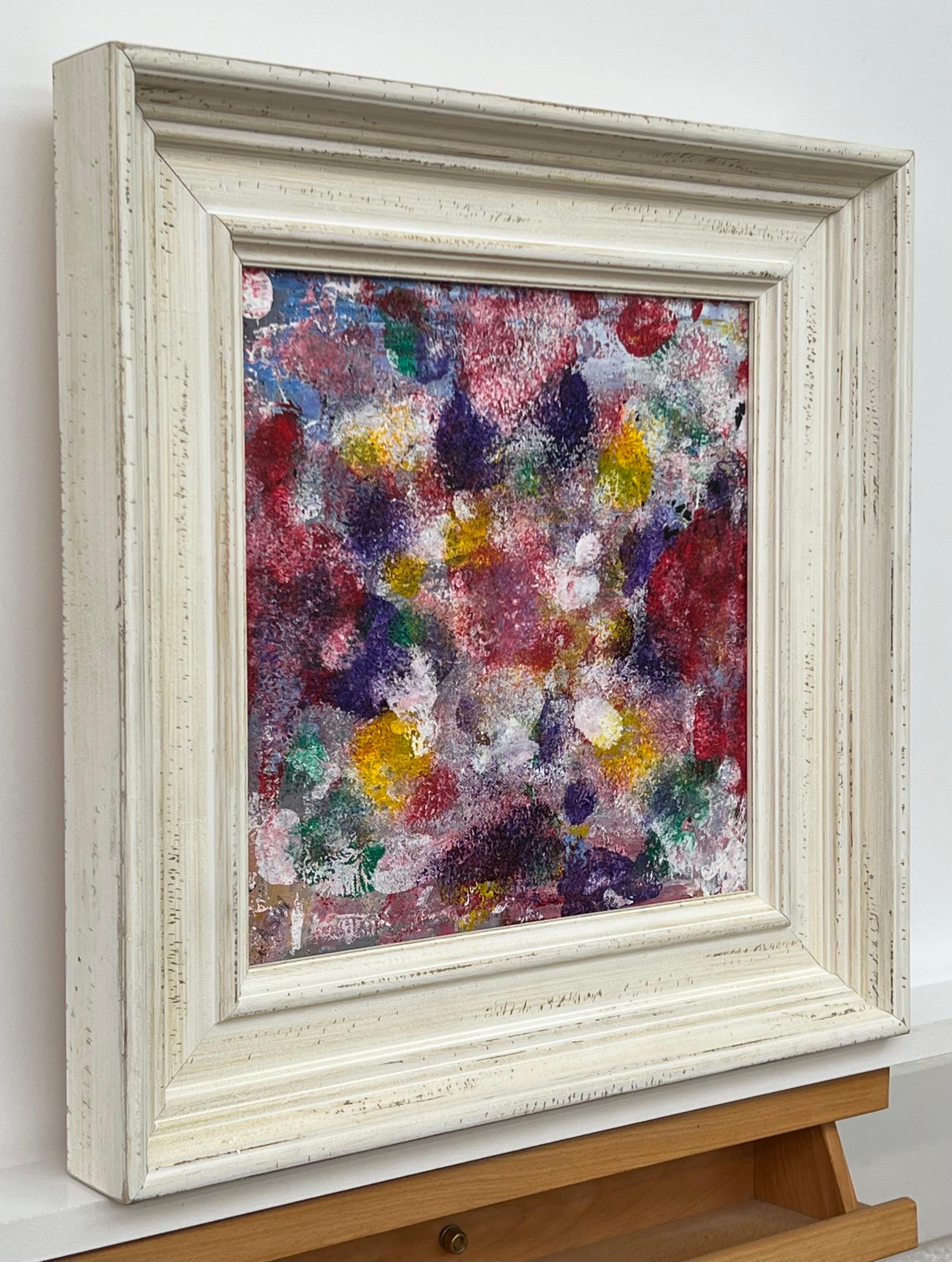Abstract Red, Pink,Purple, White, Green & Yellow Painting by British Contemporary Artist, Angela Wakefield. This original is from the 'Spring Burst' Interior Design Series. Framed in a high quality off-white contemporary wooden moulding. 

Art