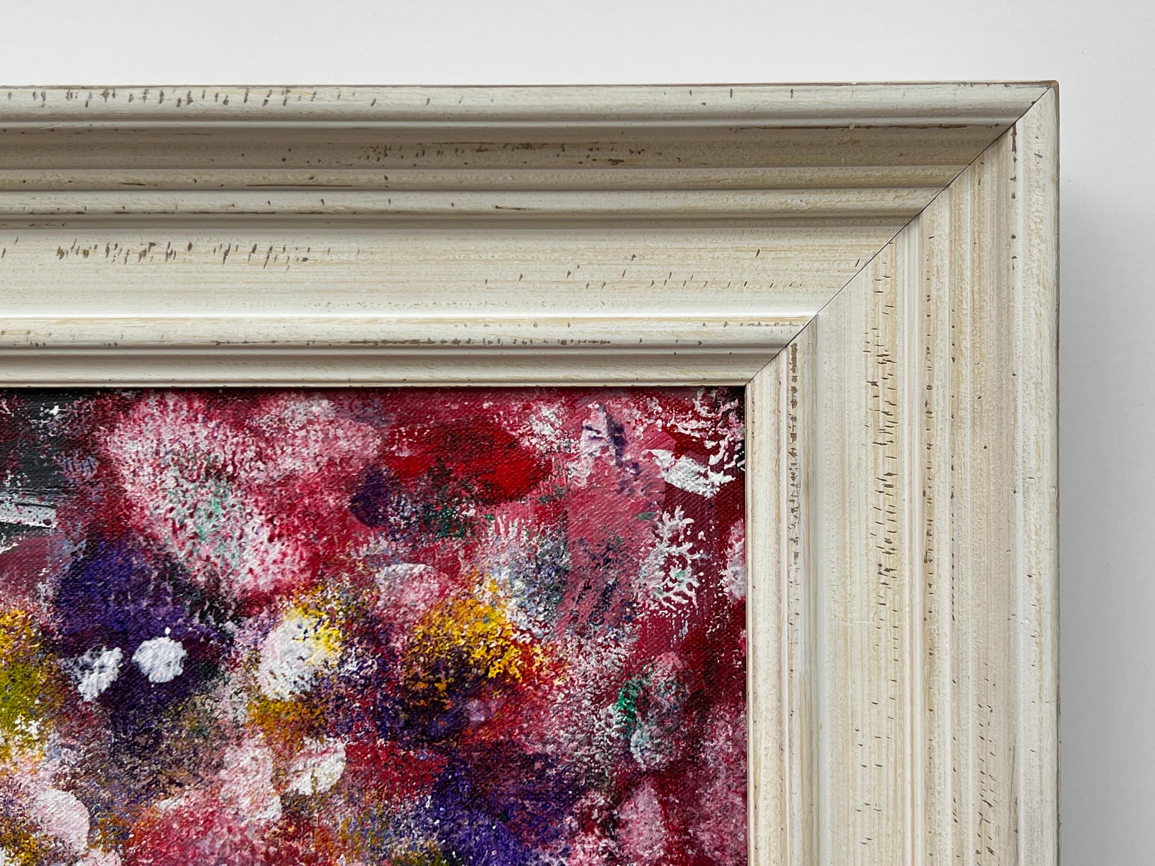 Pittura astratta rossa, viola, bianca e gialla di un artista britannico contemporaneo 4