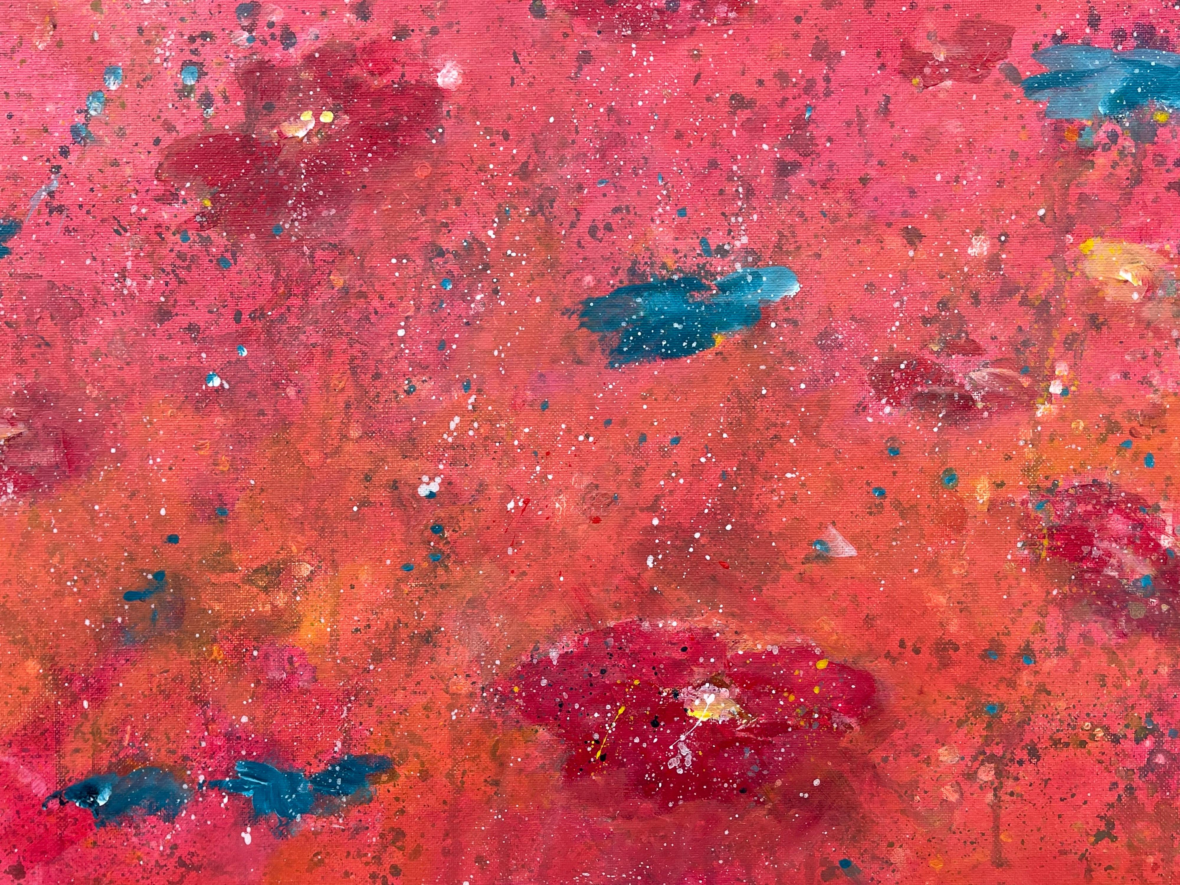 Des fleurs abstraites turquoises et rouges sur fond rose de l'artiste paysagiste britannique en vente 11