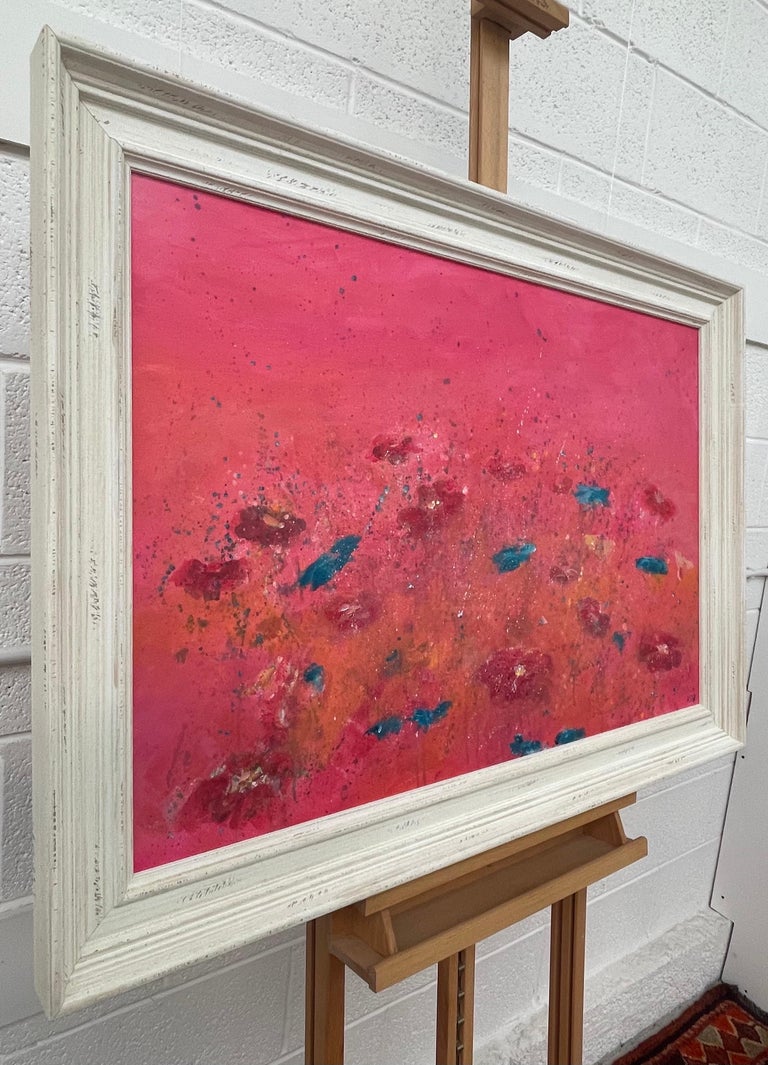 Abstract Turquoise & Red Flowers on Pink Background by British Landscape Artist For Sale 4