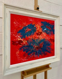 Abstract Turquoise & Red Flowers on Pink Background by British Landscape Artist