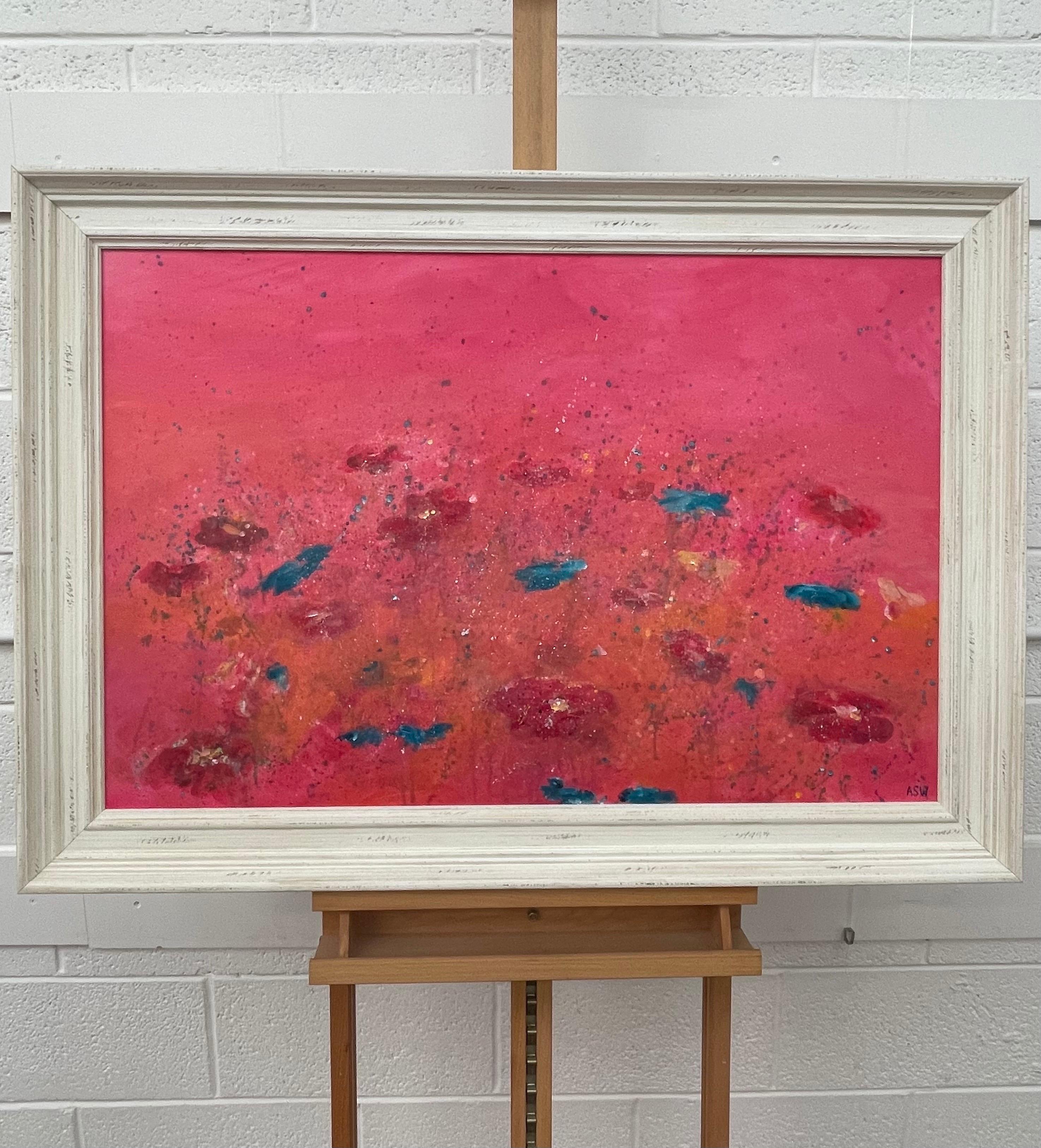 Des fleurs abstraites turquoises et rouges sur fond rose de l'artiste paysagiste britannique en vente 2