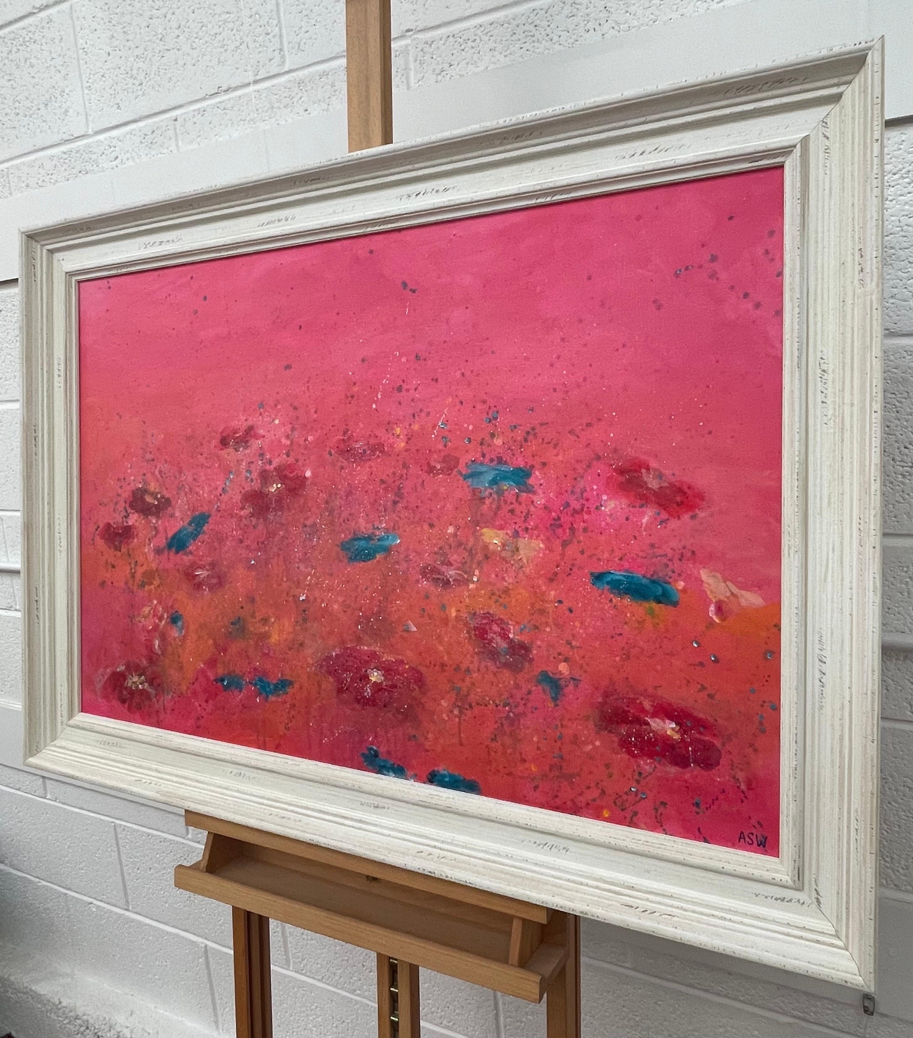 Abstract Turquoise & Red Flowers on Pink Background by British Landscape Artist For Sale 3