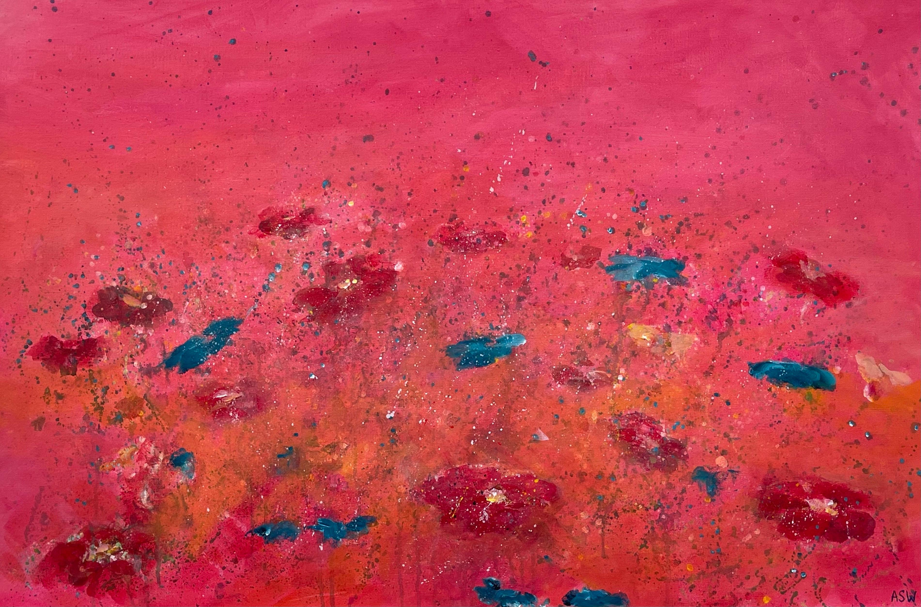 Des fleurs abstraites turquoises et rouges sur fond rose de l'artiste paysagiste britannique en vente 4