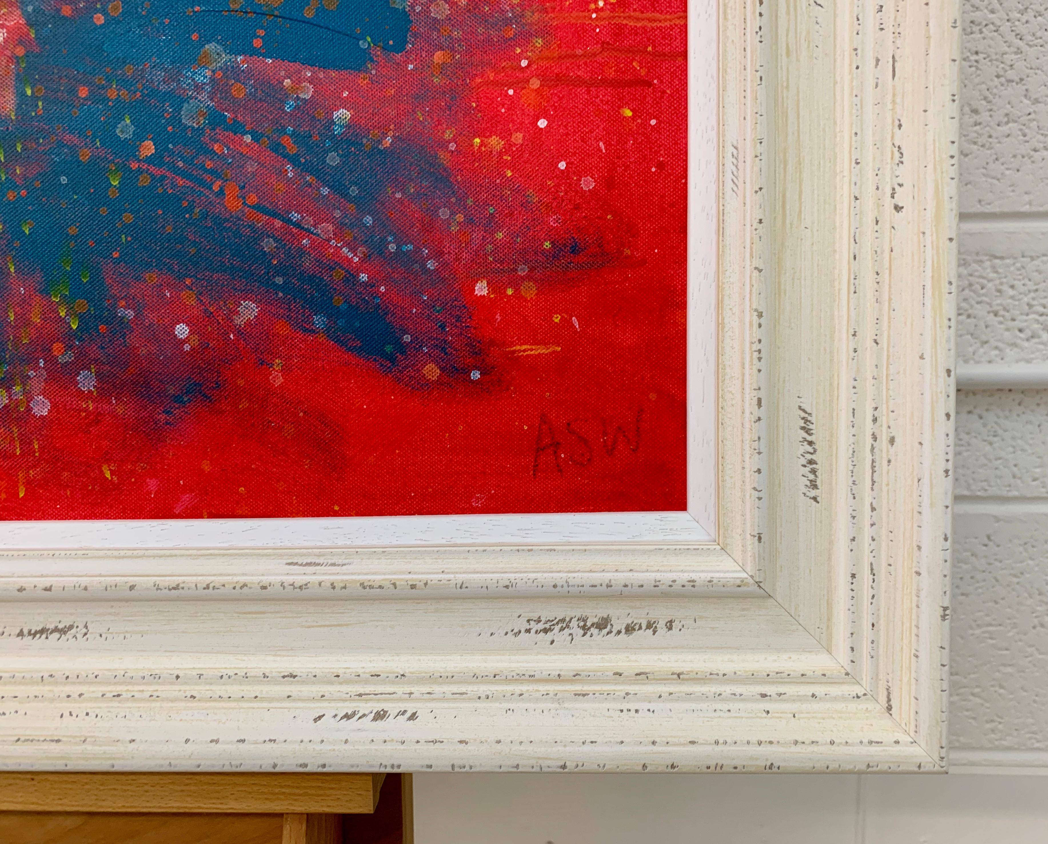 Abstract Turquoise & Red Flowers on Pink Background by British Landscape Artist - Beige Abstract Drawing by Angela Wakefield