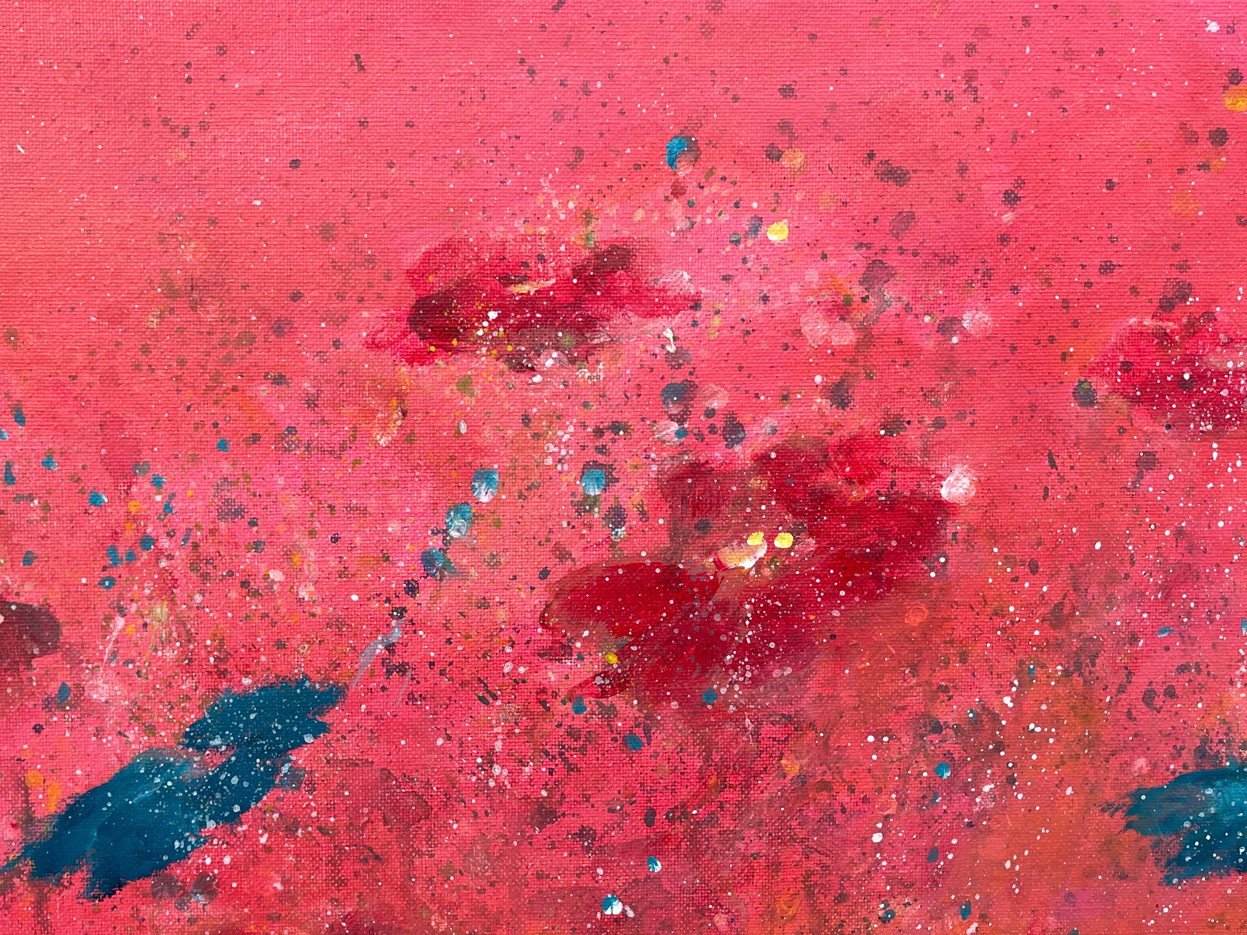 Des fleurs abstraites turquoises et rouges sur fond rose de l'artiste paysagiste britannique en vente 5