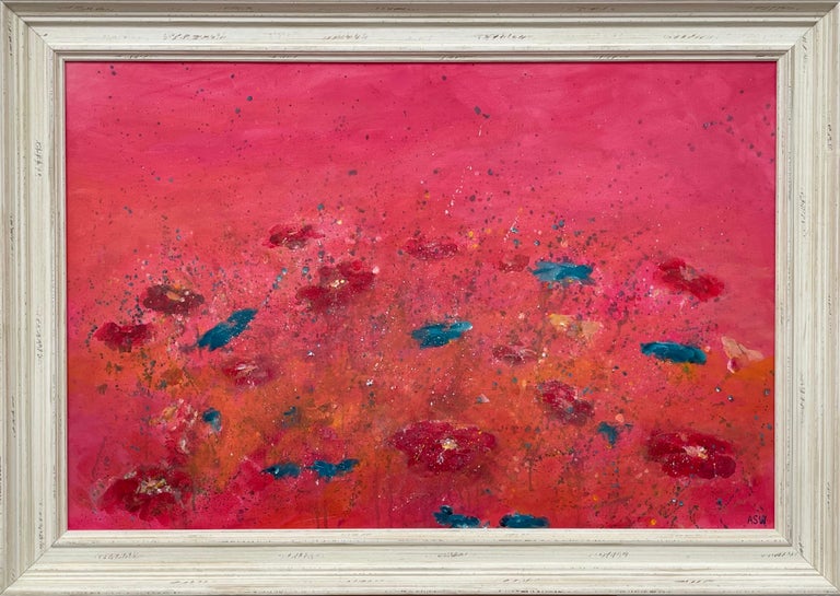 Angela Wakefield Abstract Drawing - Abstract Turquoise & Red Flowers on Pink Background by British Landscape Artist