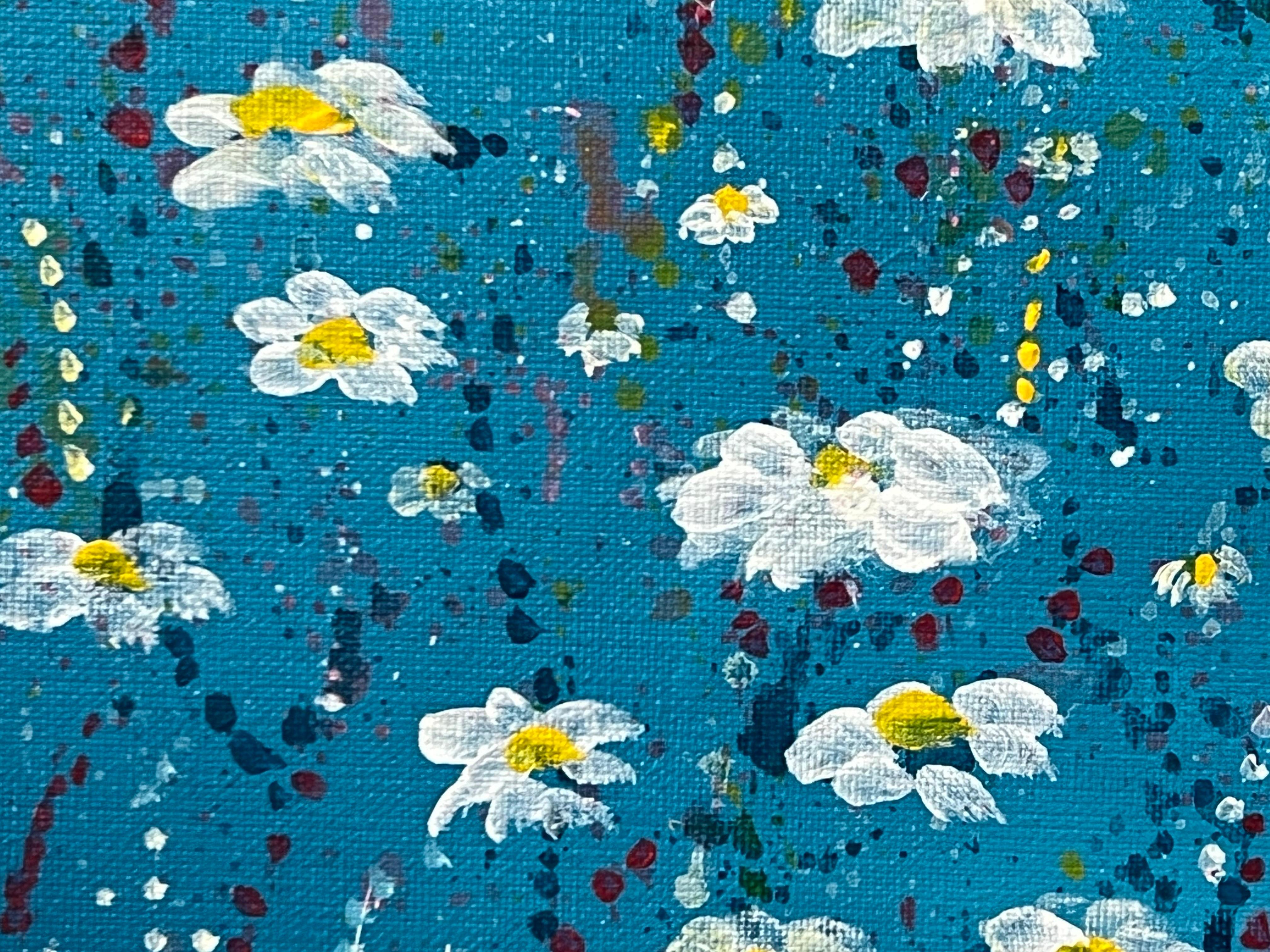 Fleurs abstraites en marguerite blanche sur fond turquoise par un artiste contemporain en vente 6