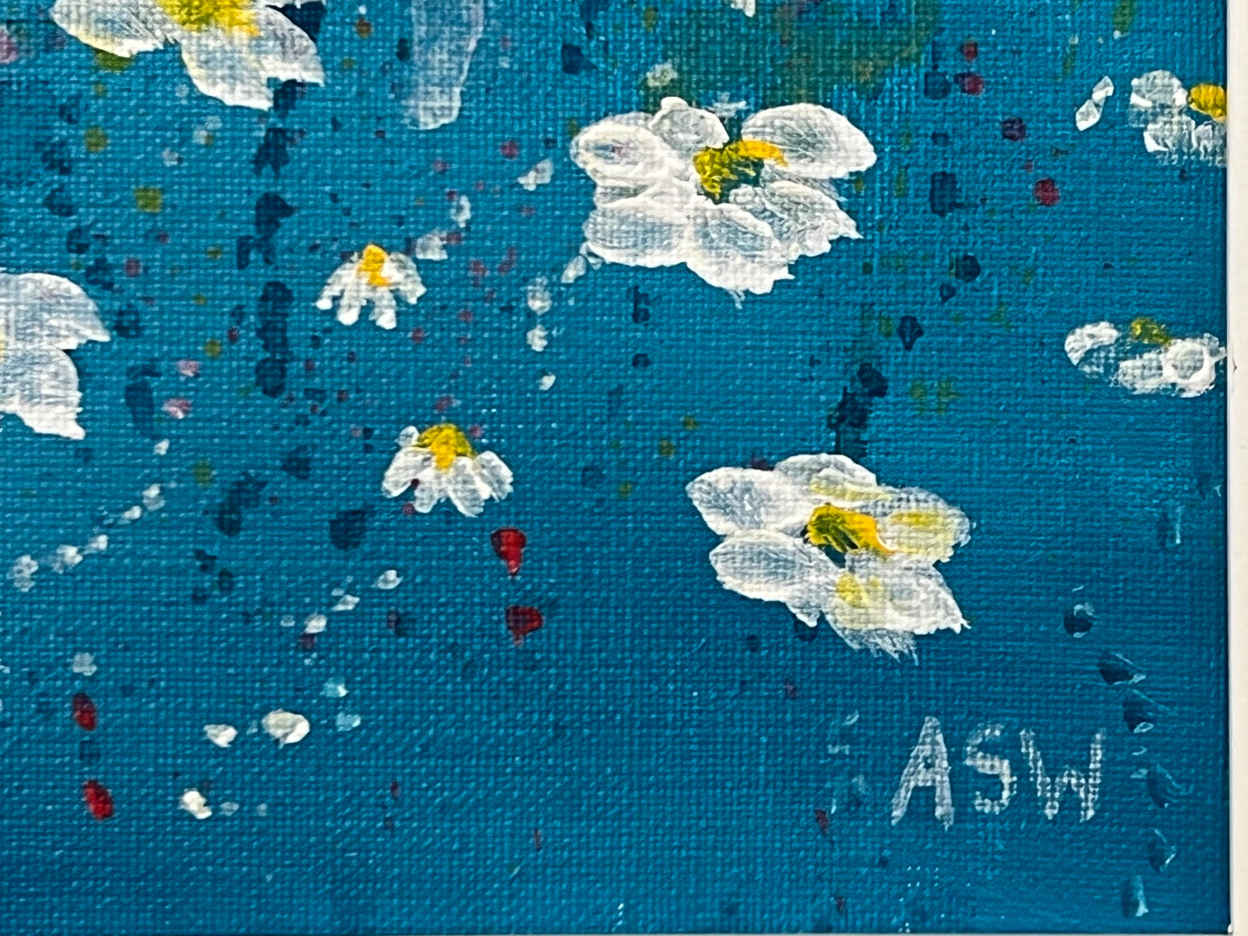 Flores abstractas de margaritas blancas sobre fondo turquesa por Artista Contemporáneo en venta 10