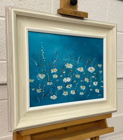 Abstract White Daisy Flowers on Turquoise Background by Contemporary Artist