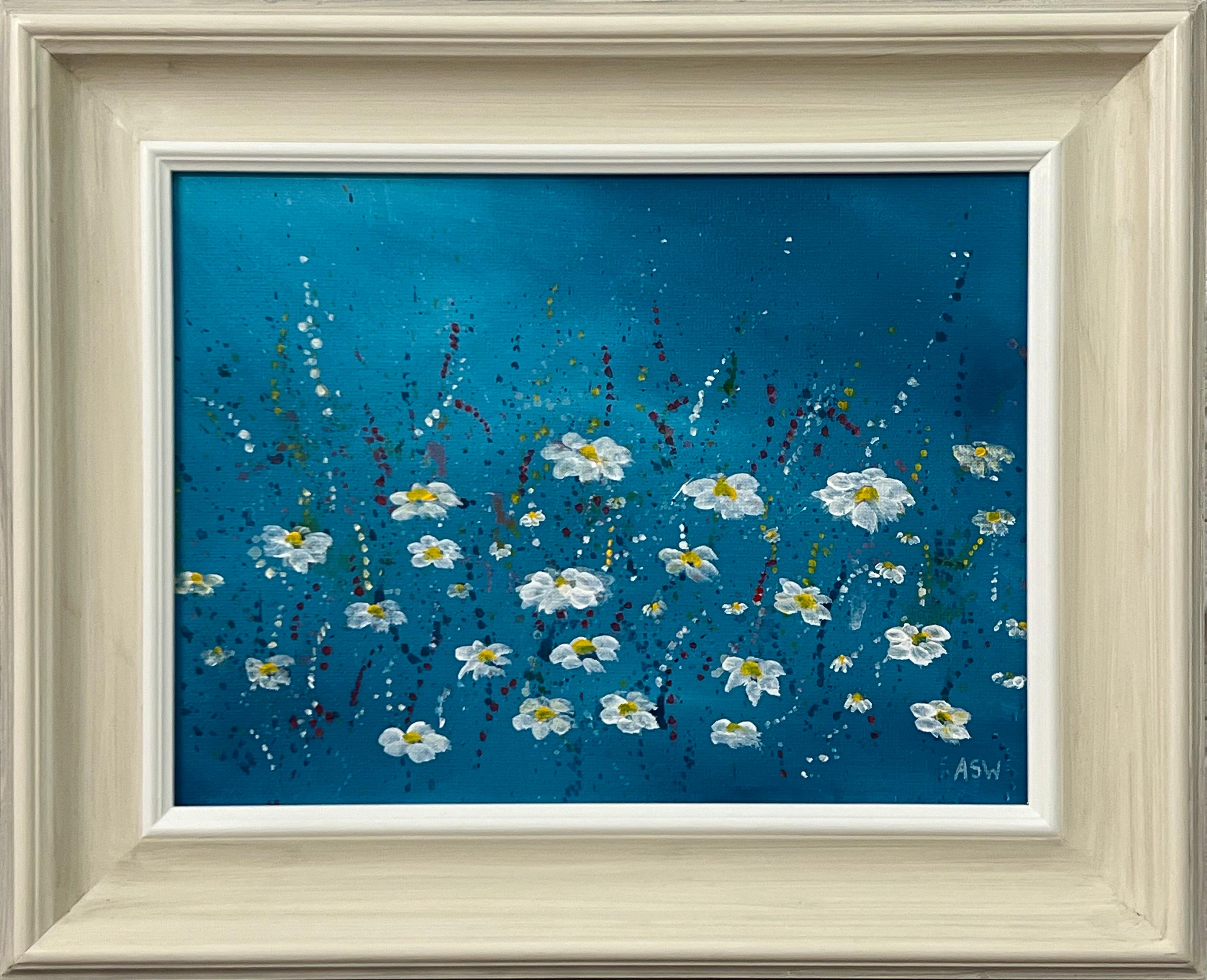 Abstract Drawing Angela Wakefield - Fleurs abstraites en marguerite blanche sur fond turquoise par un artiste contemporain