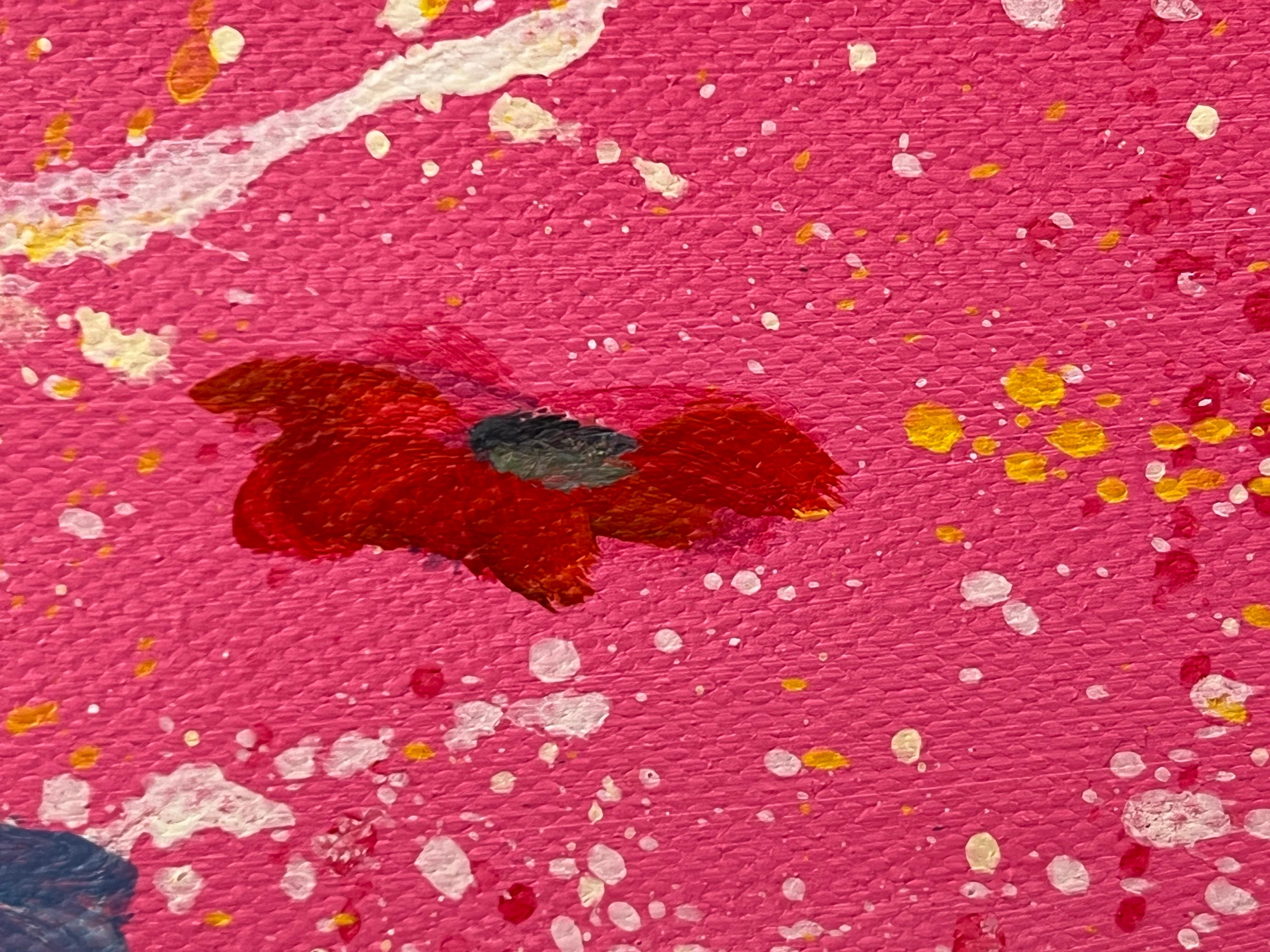 Abstrakte weiße und türkisfarbene Blumen auf rosa Hintergrund von Contemporary Artist im Angebot 7