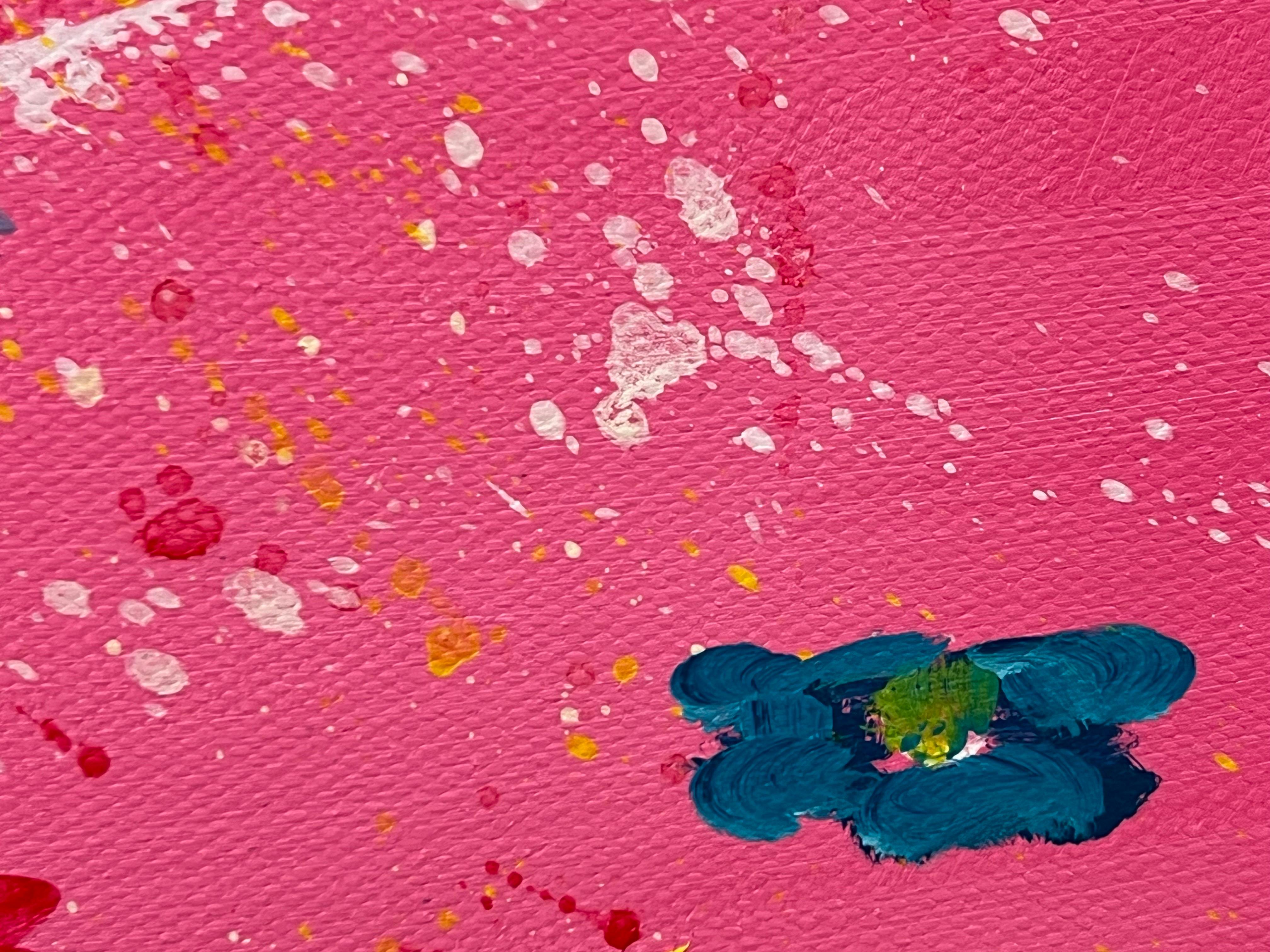 Abstrakte weiße und türkisfarbene Blumen auf rosa Hintergrund von Contemporary Artist im Angebot 9