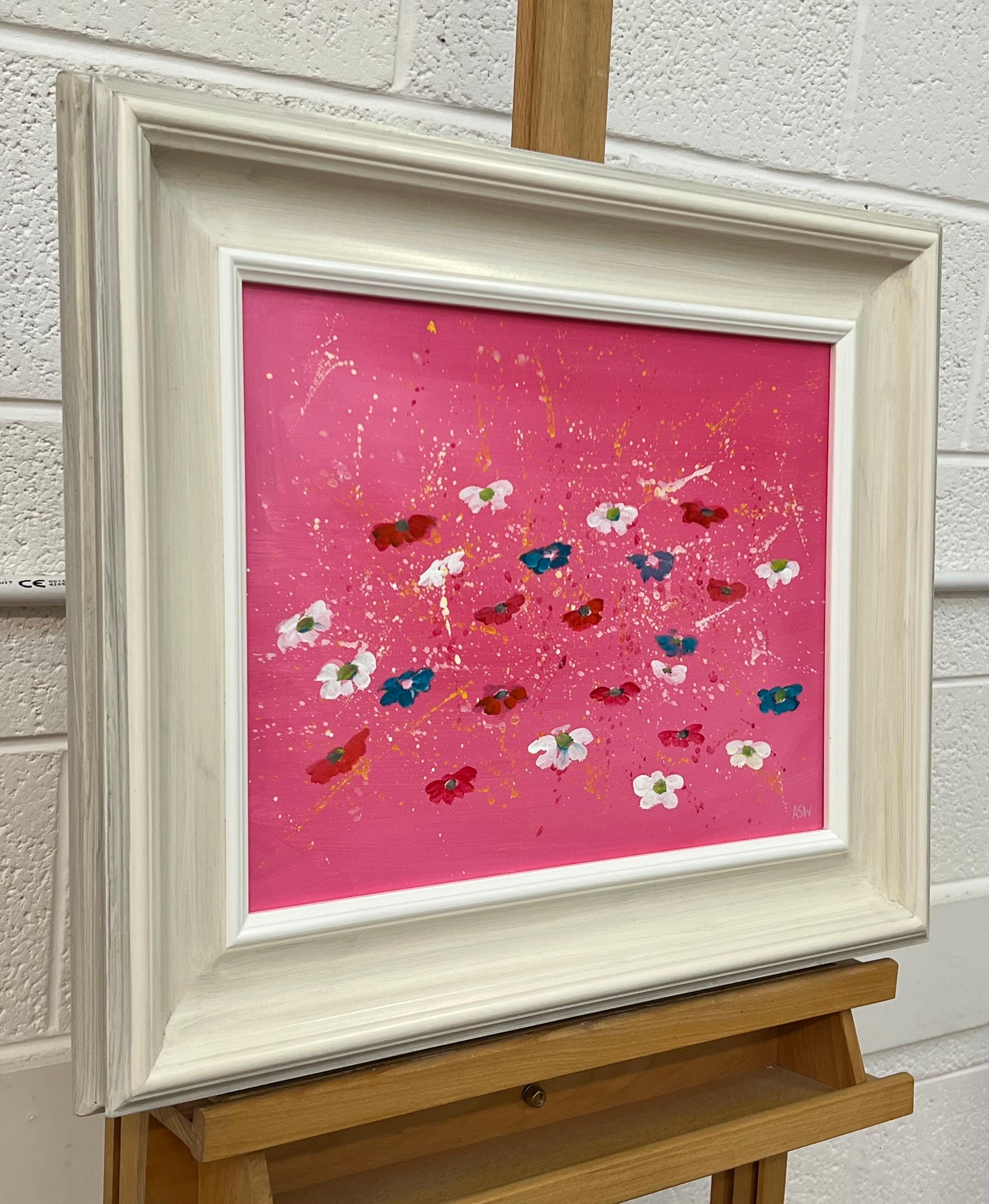 Abstrakte weiße und türkisfarbene Blumen auf rosa Hintergrund von Contemporary Artist – Painting von Angela Wakefield