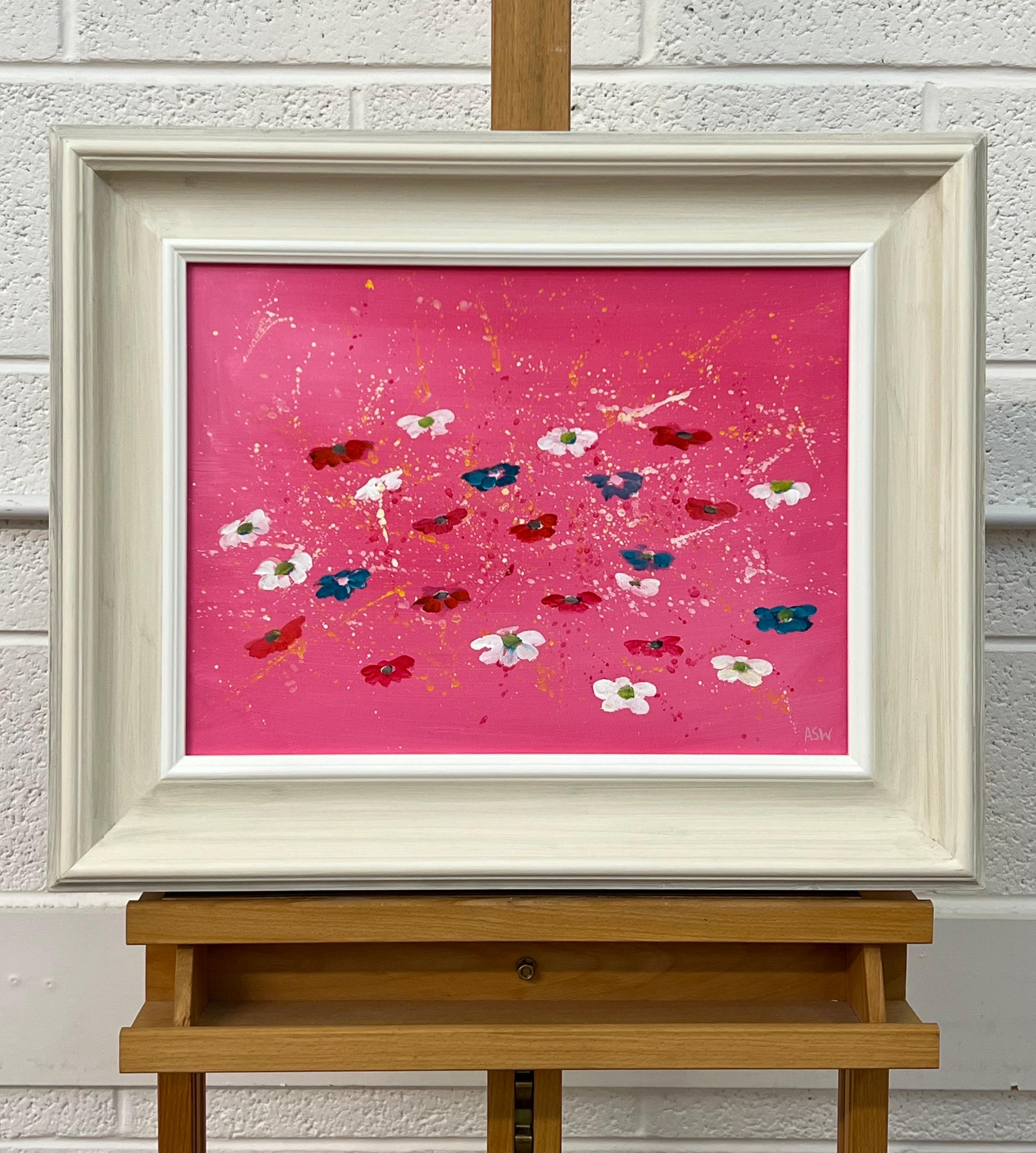 Abstrakte weiße und türkisfarbene Blumen auf rosa Hintergrund von Contemporary Artist (Abstrakter Impressionismus), Painting, von Angela Wakefield