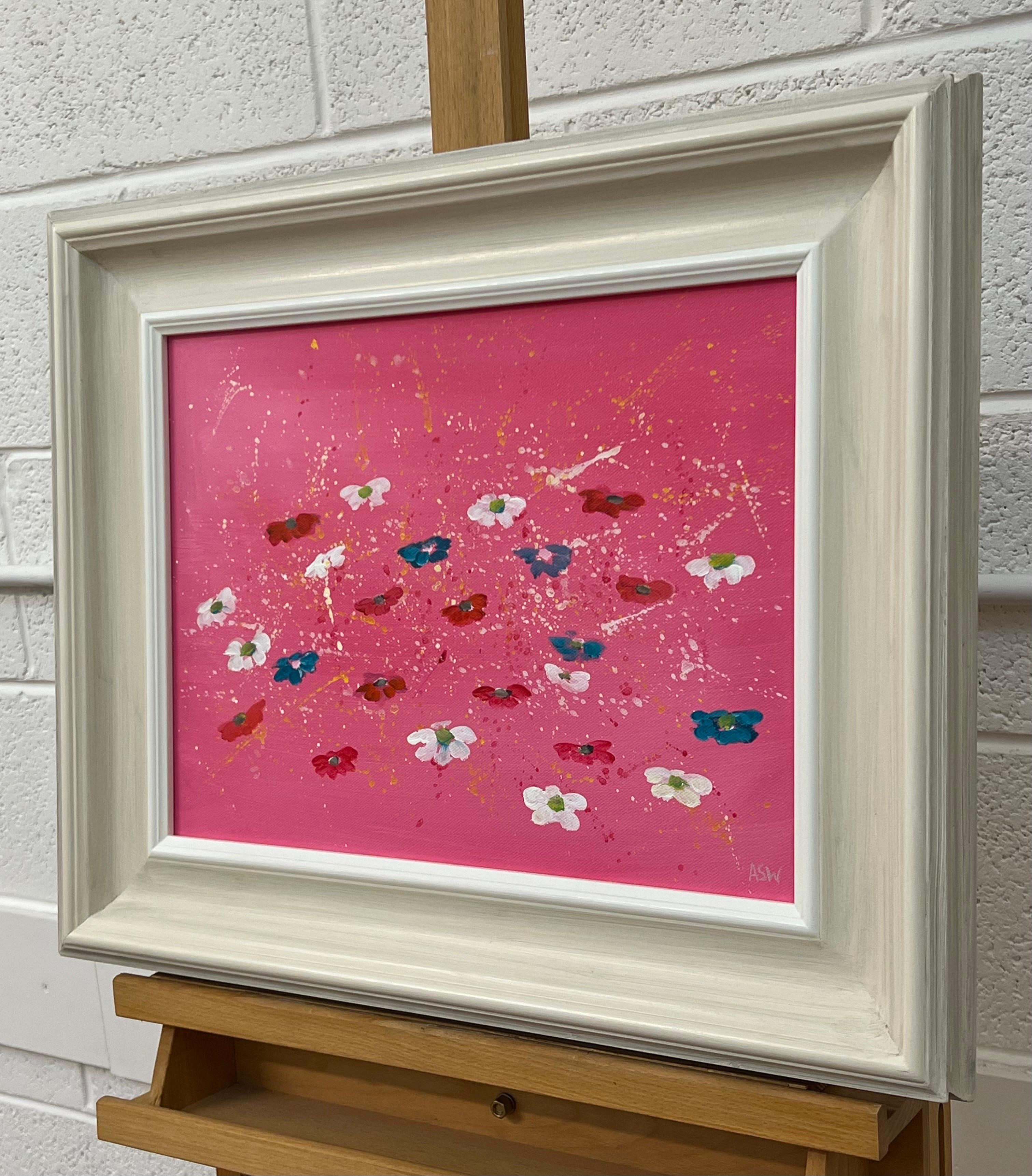 Abstrakte weiße und türkisfarbene Blumen auf rosa Hintergrund von der britischen zeitgenössischen Künstlerin Angela Wakefield. Dieses Original stammt aus der Serie 