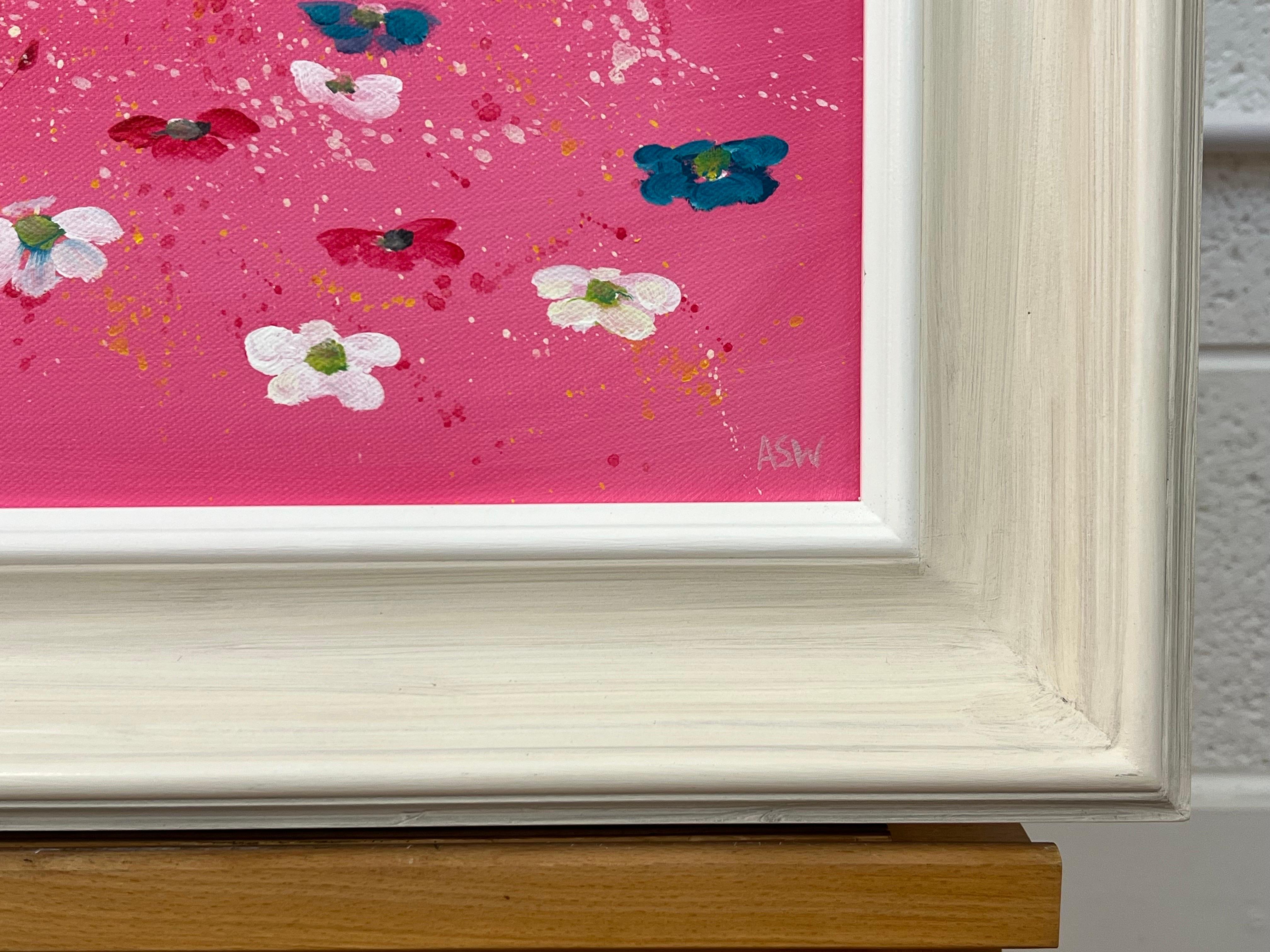 Abstrakte weiße und türkisfarbene Blumen auf rosa Hintergrund von Contemporary Artist im Angebot 1