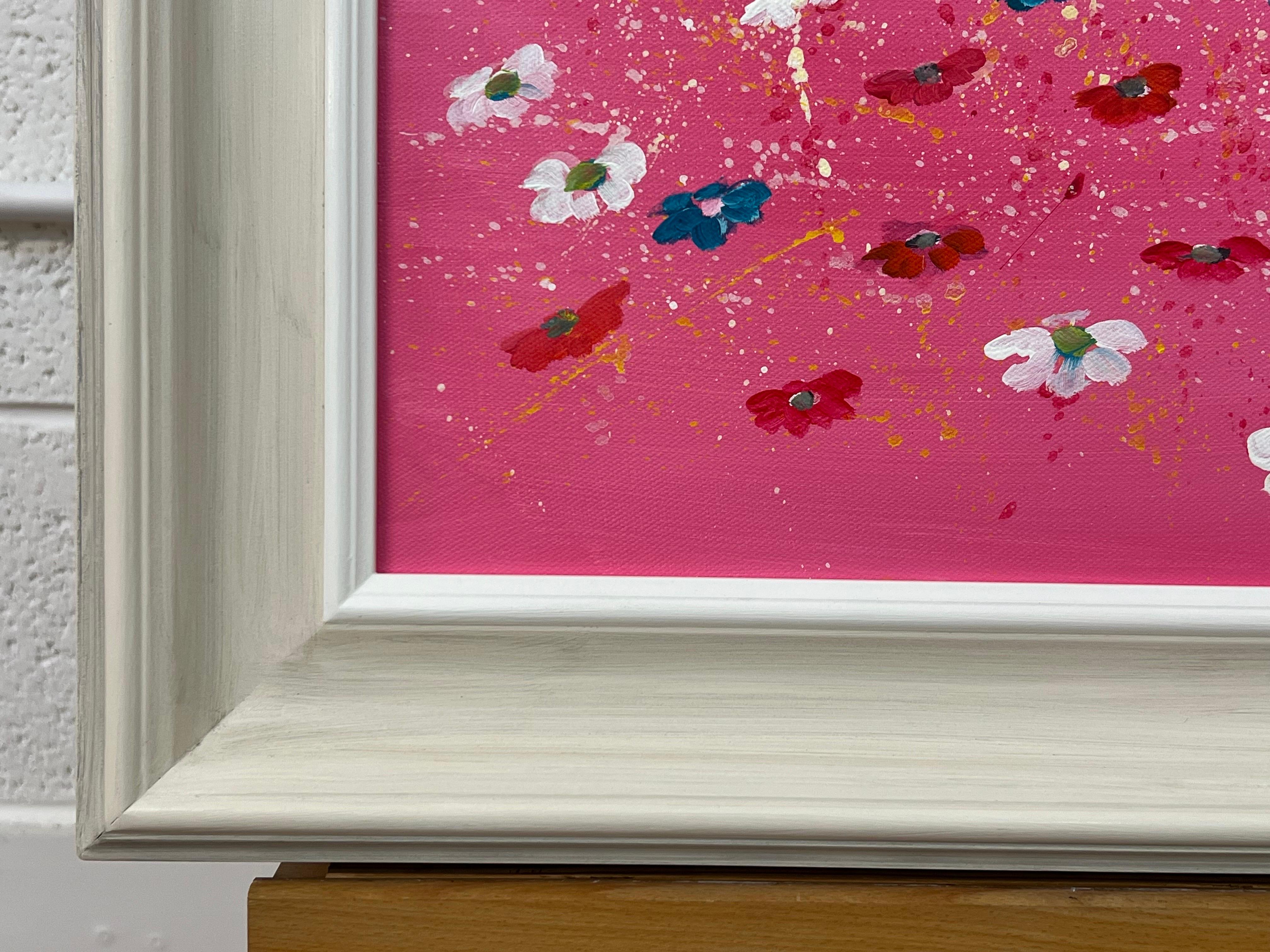 Abstrakte weiße und türkisfarbene Blumen auf rosa Hintergrund von Contemporary Artist im Angebot 2
