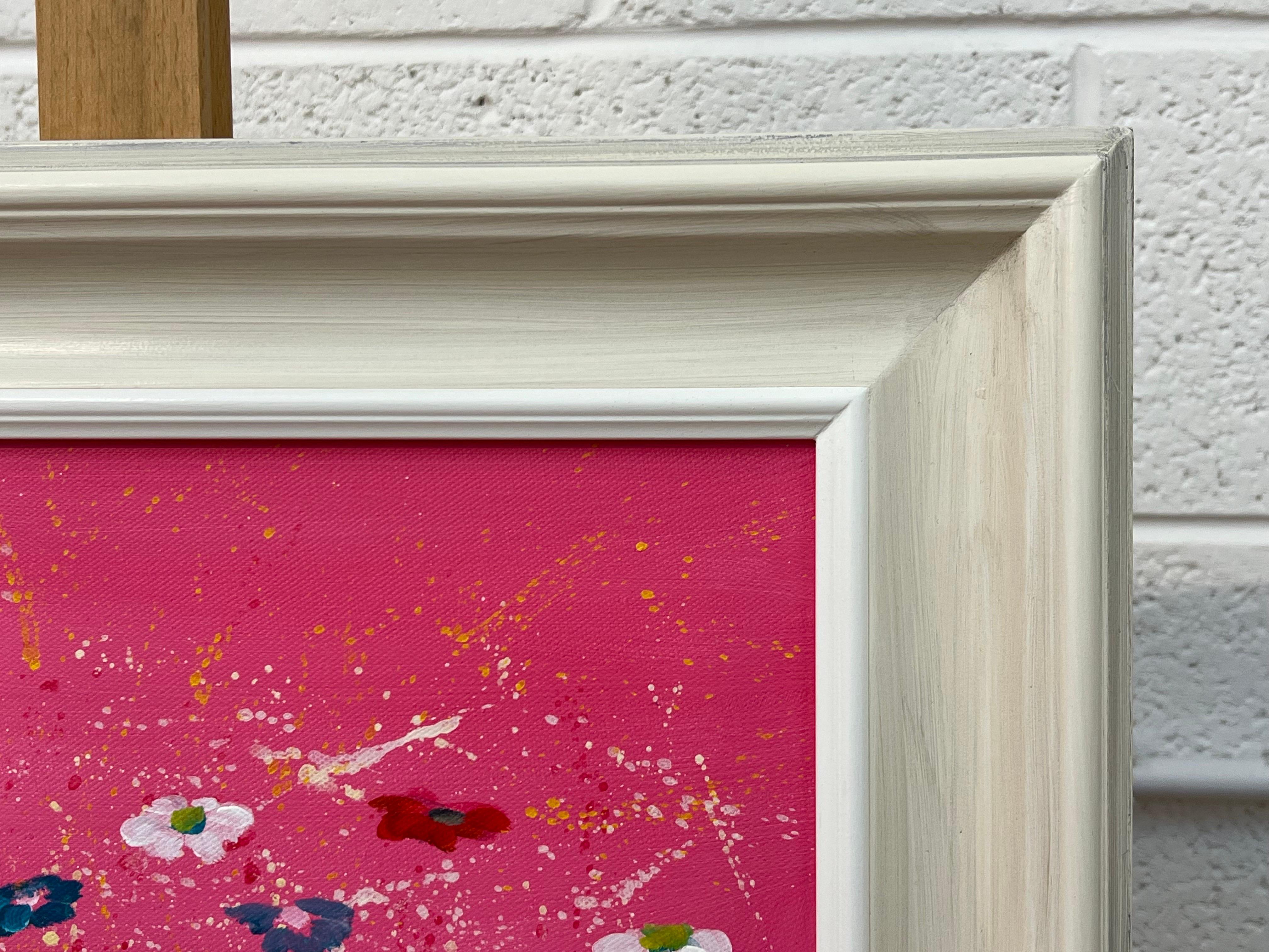 Abstrakte weiße und türkisfarbene Blumen auf rosa Hintergrund von Contemporary Artist im Angebot 4