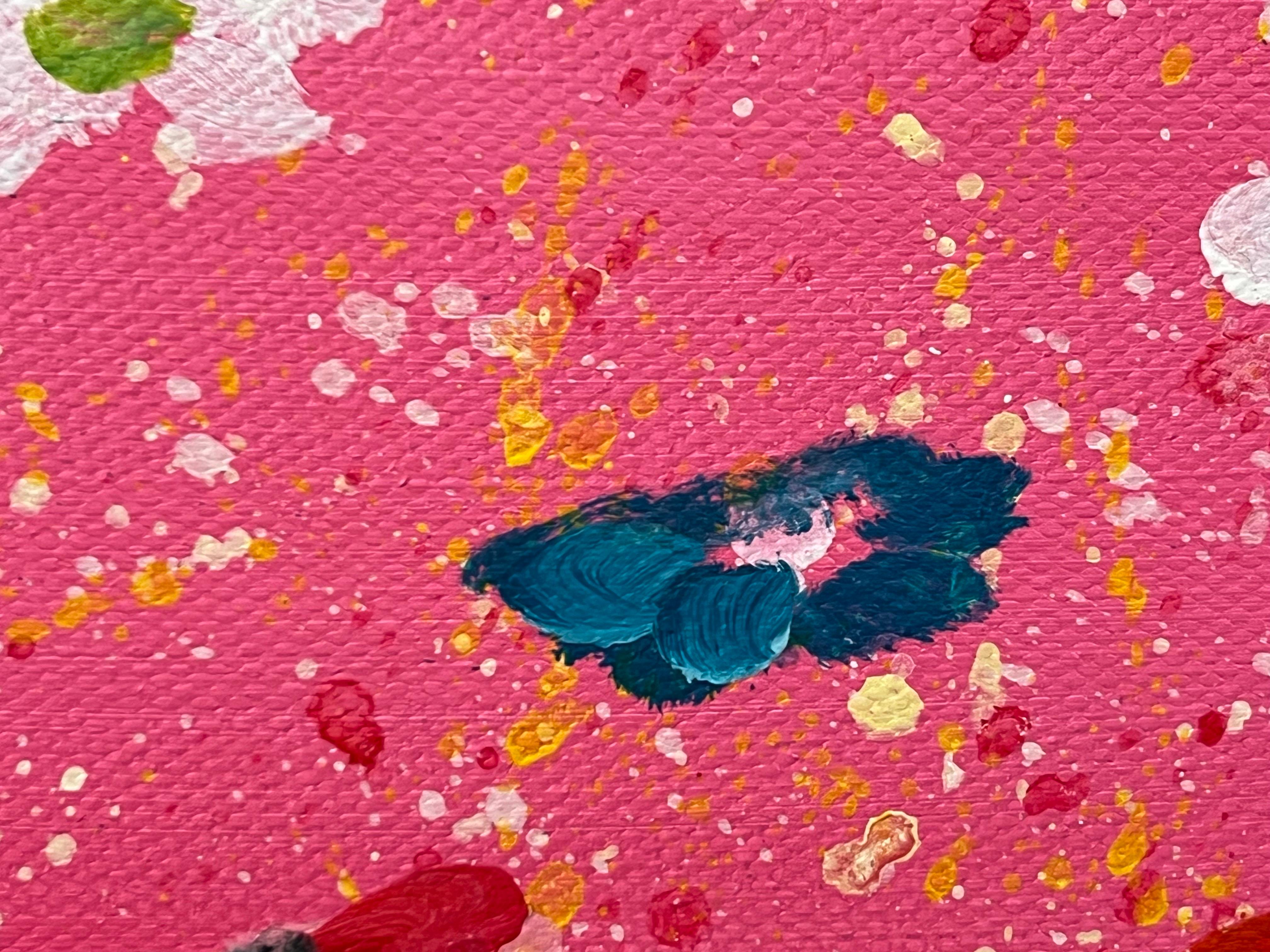 Abstrakte weiße und türkisfarbene Blumen auf rosa Hintergrund von Contemporary Artist im Angebot 5