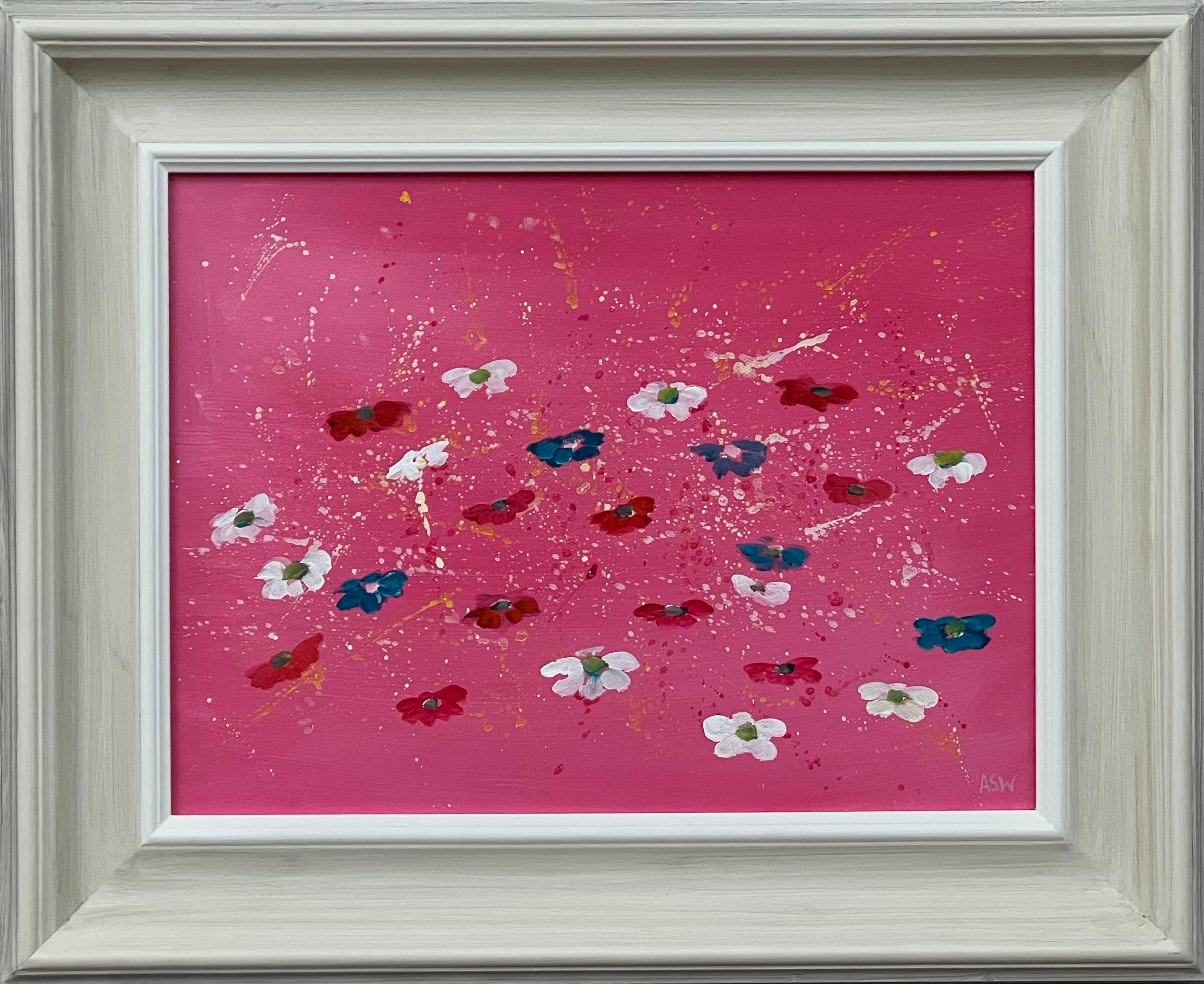 Flores abstractas blancas y turquesas sobre fondo rosa por artista contemporáneo