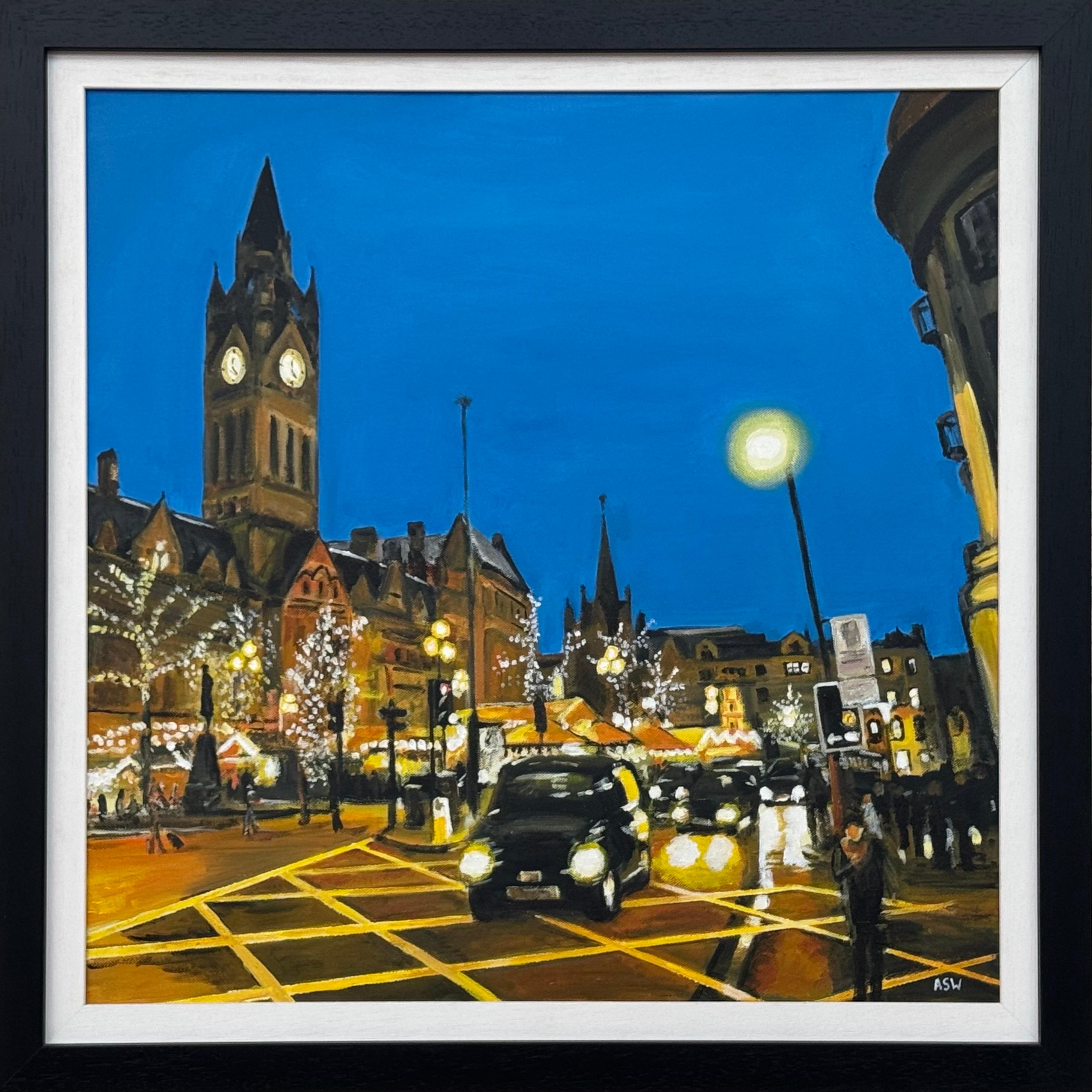 Albert Square Manchester City Scene at Octoberfest by Contemporary Artist - Bleu Figurative Painting par Angela Wakefield