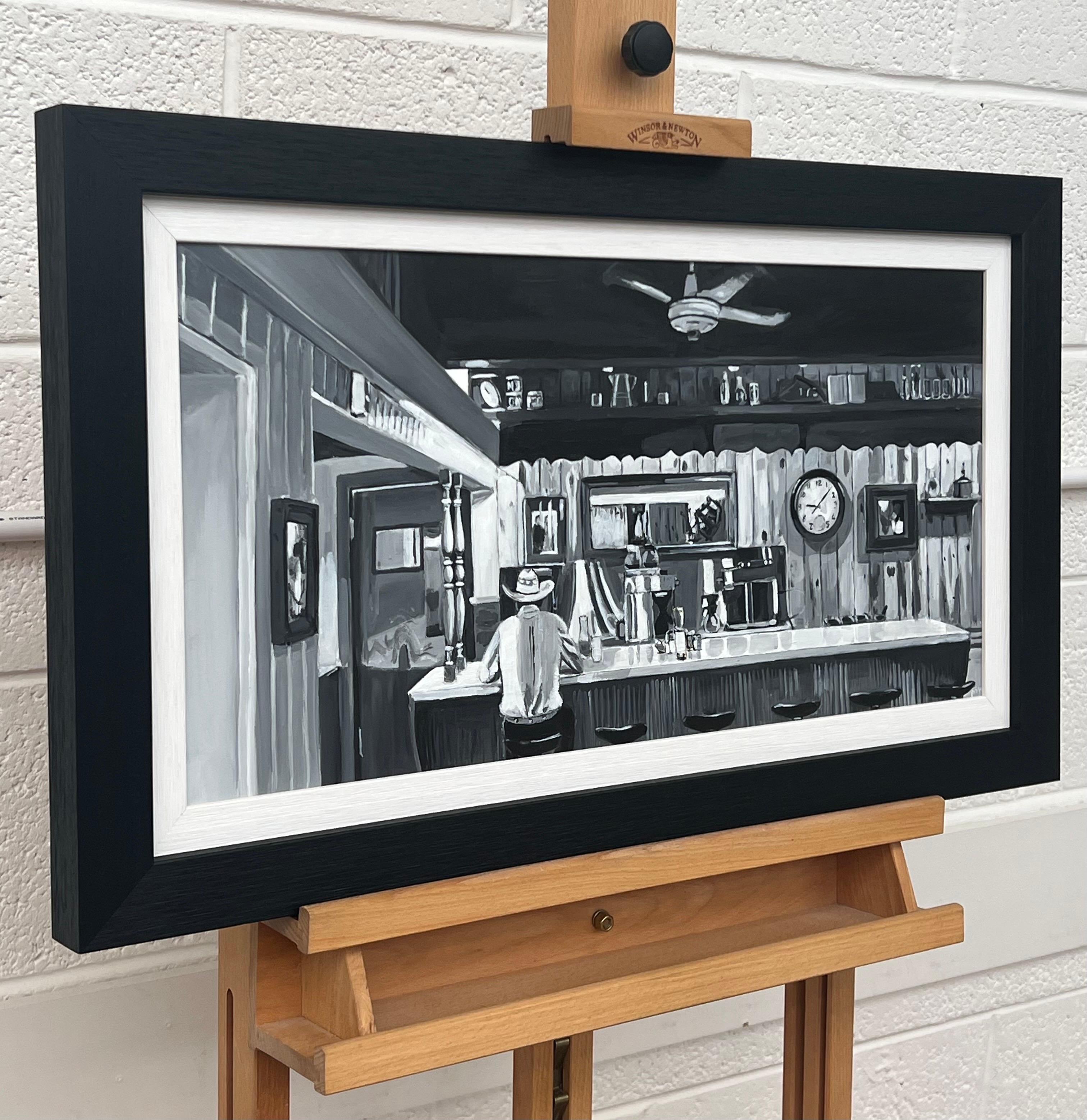 American Cowboy Diner Painting by British Contemporary Artist in Black & White, by British Contemporary Artist, Angela Wakefield. This is No.14 of her Americana Series, which features American Diners, Food Courts, Truck Stops, Gas Stations, Still