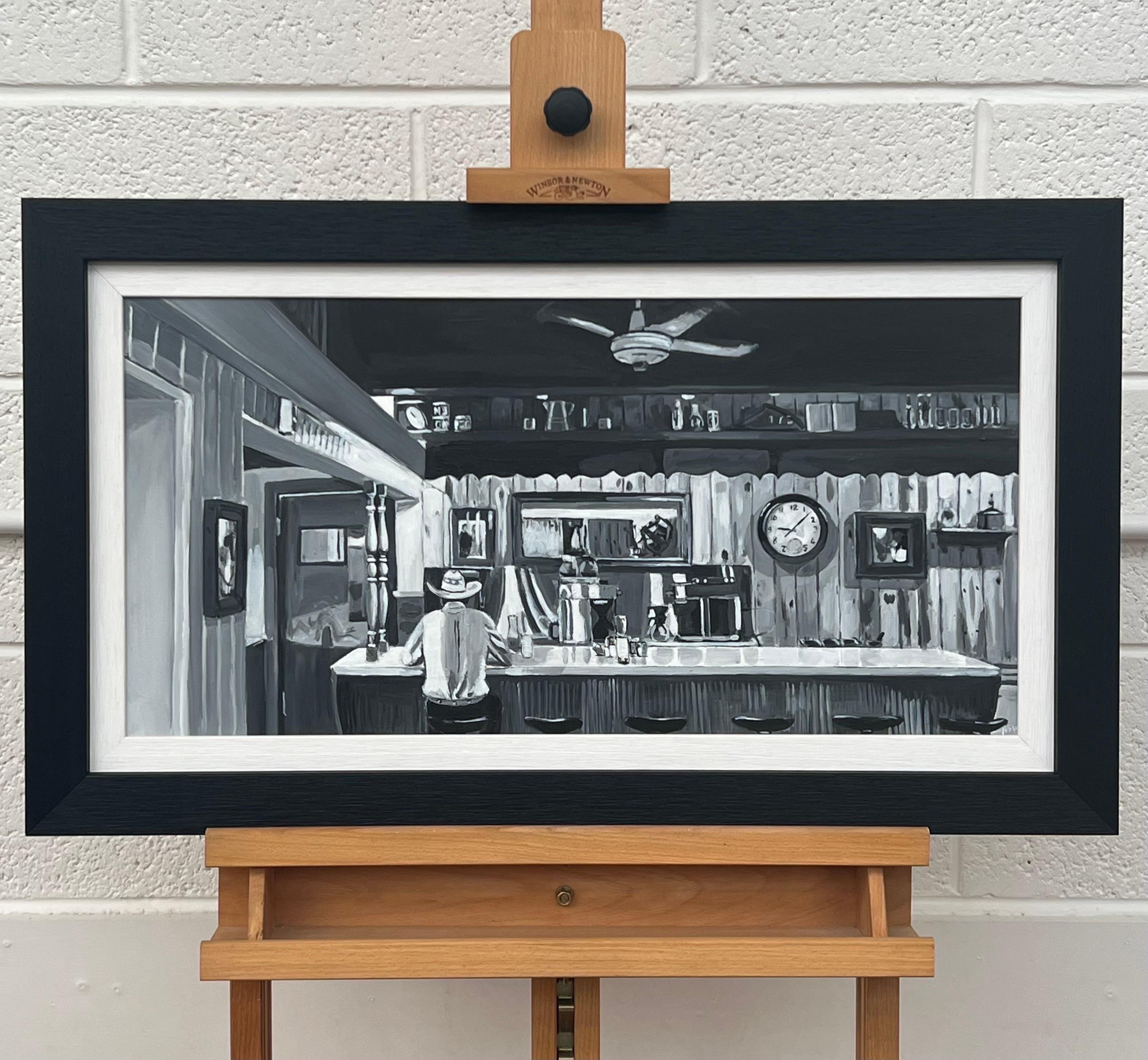American Cowboy Diner Painting by British Contemporary Artist in Black & White 1