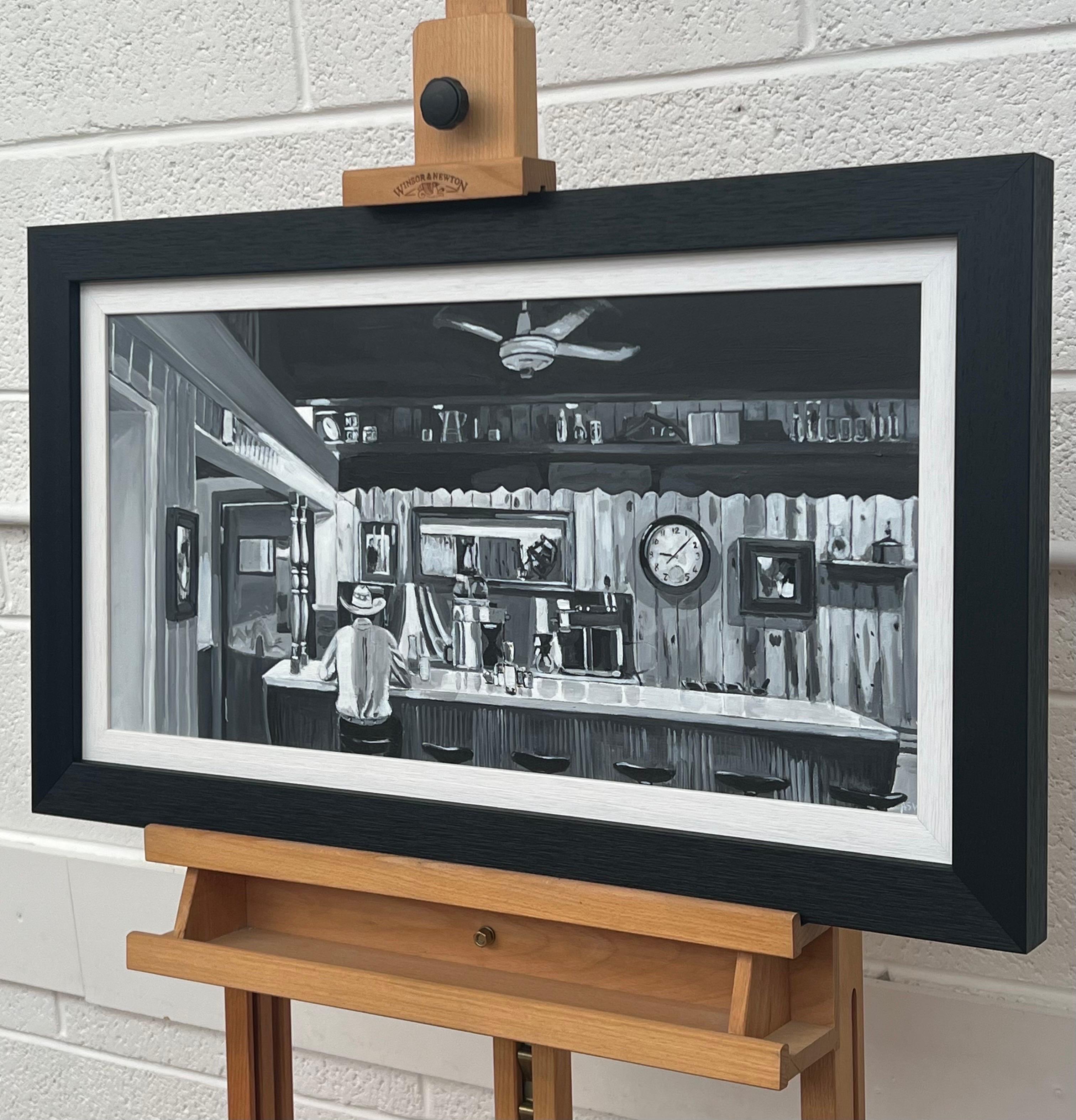 American Cowboy Diner Painting by British Contemporary Artist in Black & White 2