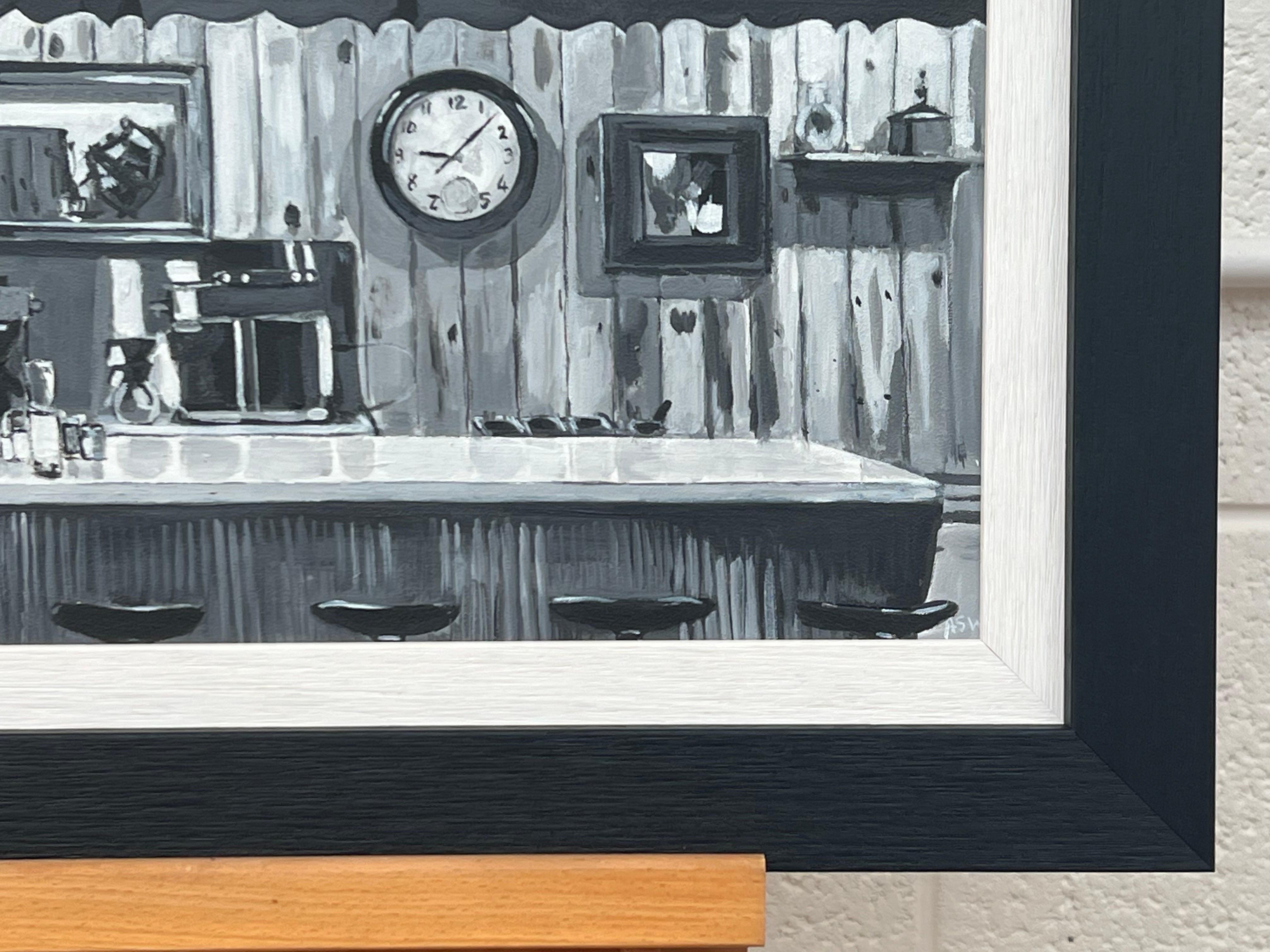 American Cowboy Diner Painting by British Contemporary Artist in Black & White 3