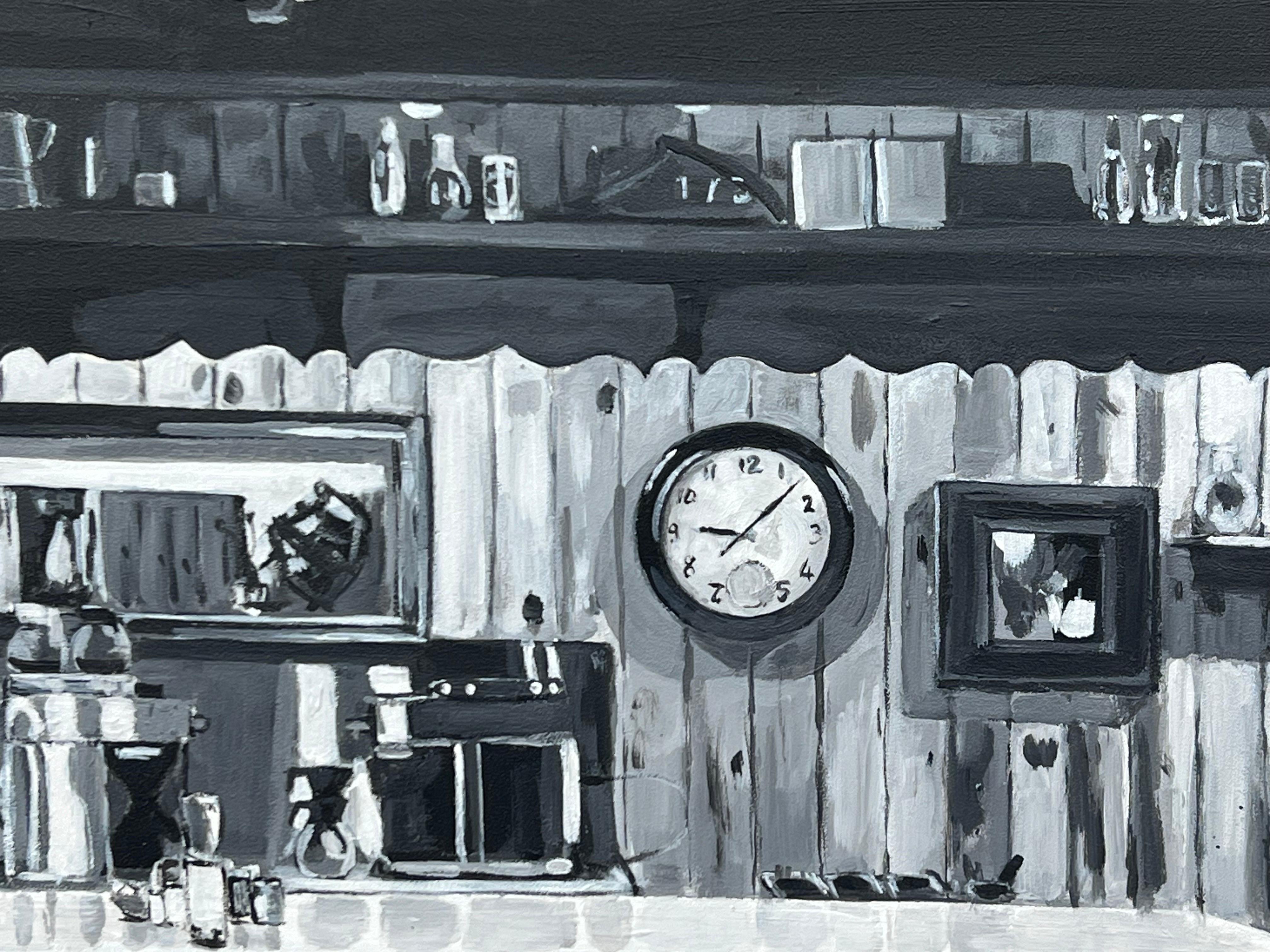 American Cowboy Diner Painting by British Contemporary Artist in Black & White 4