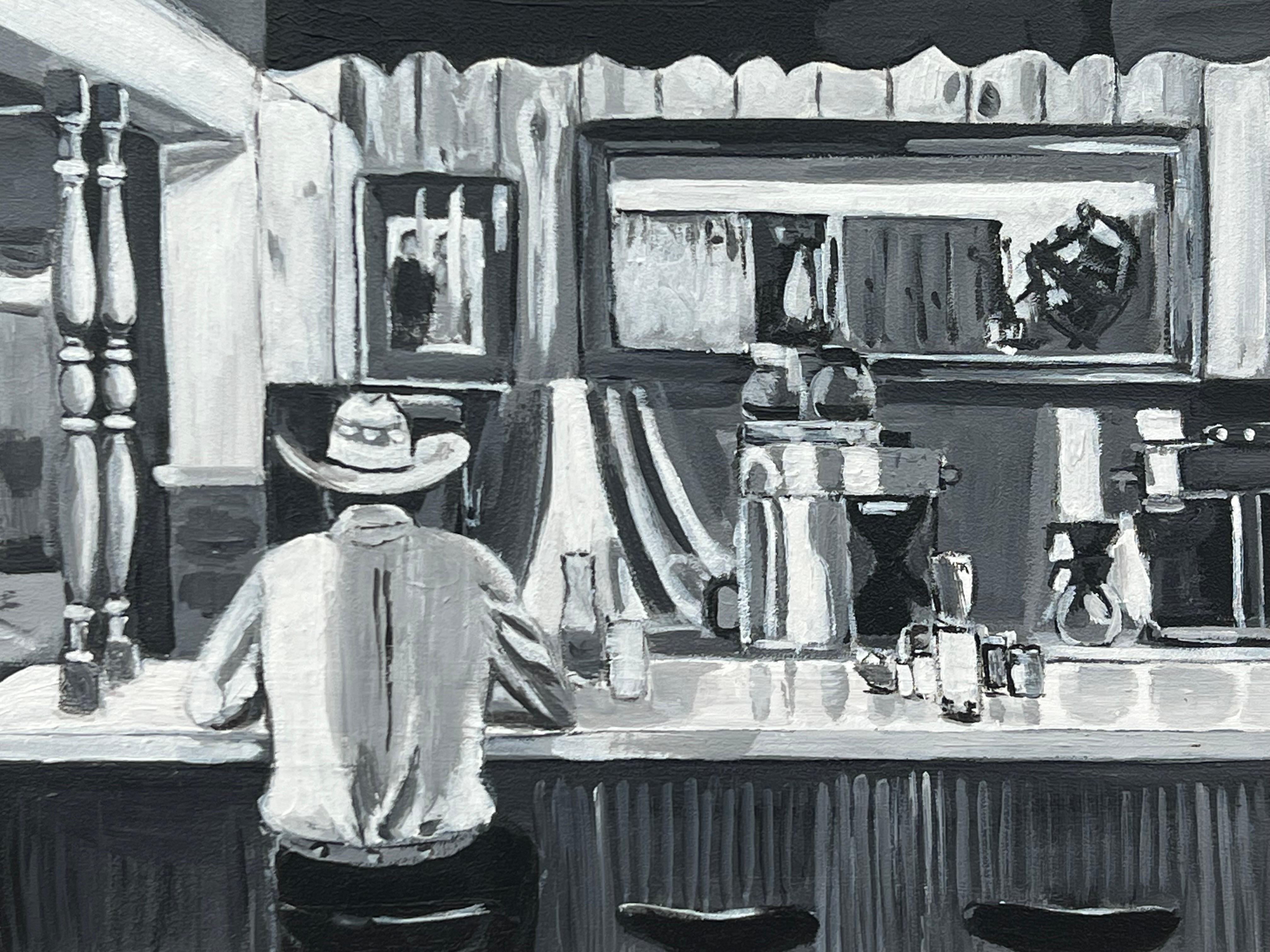 American Cowboy Diner Painting by British Contemporary Artist in Black & White 5