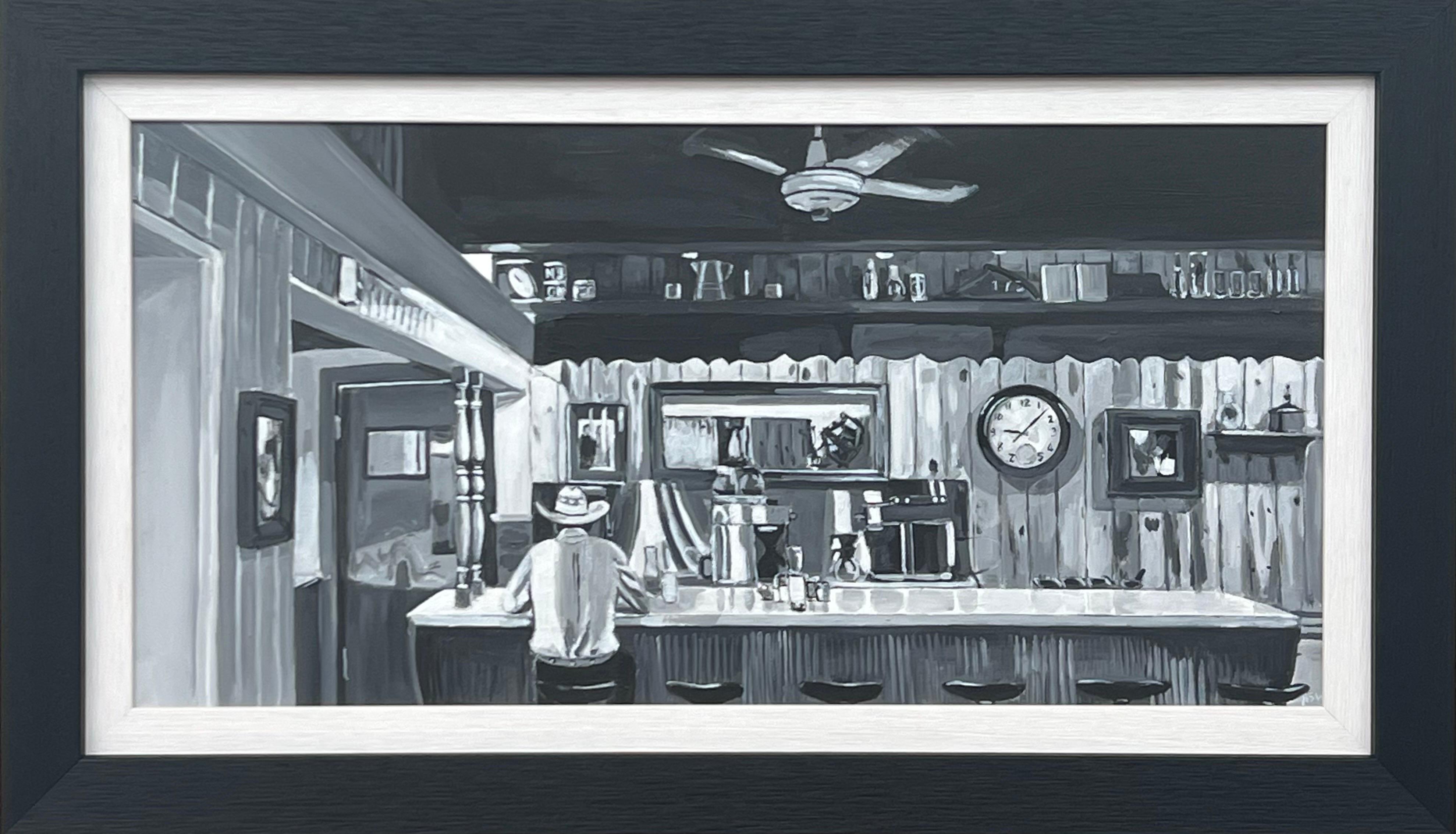 Angela Wakefield Figurative Painting - American Cowboy Diner Painting by British Contemporary Artist in Black & White