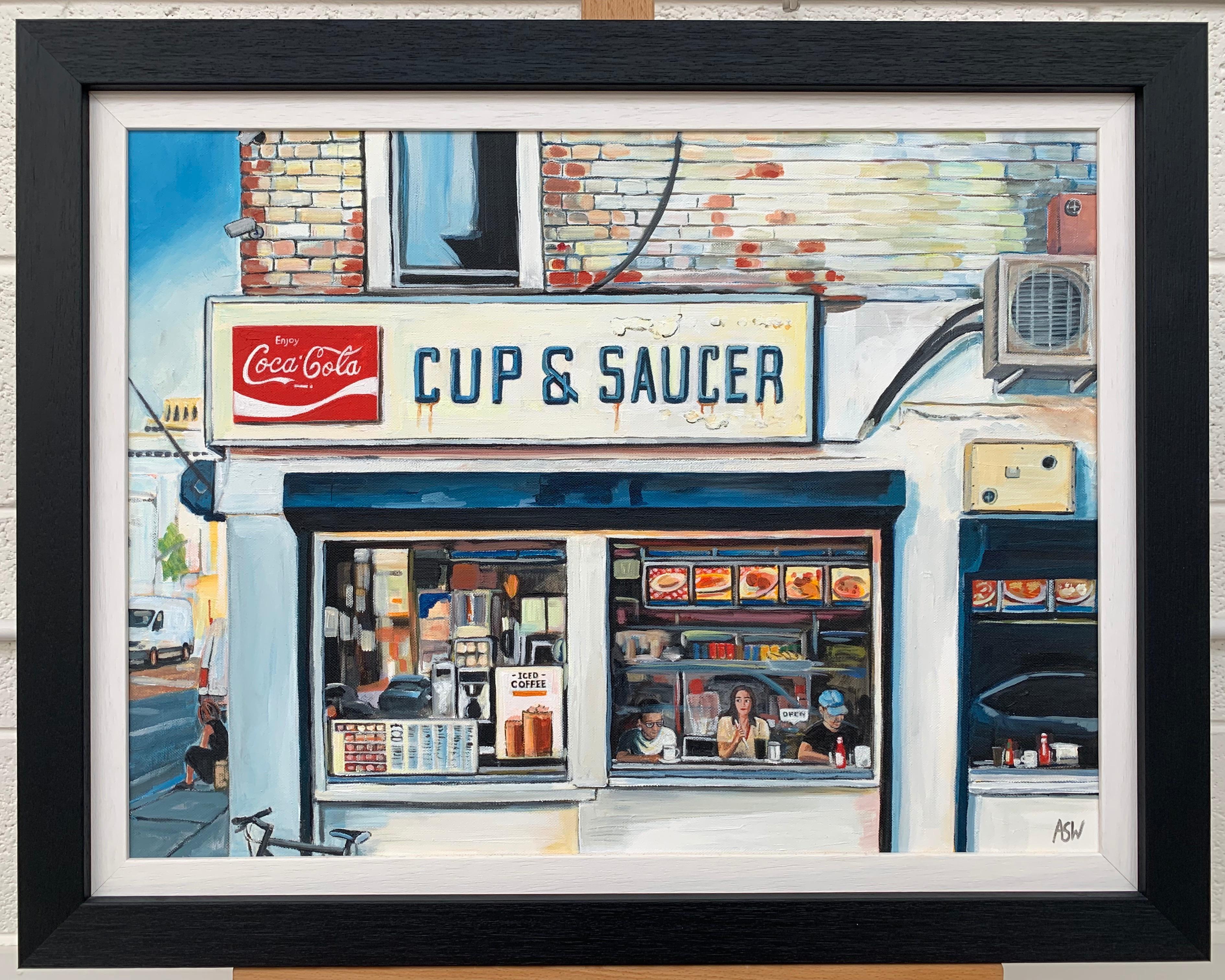 American Diner New York City Original Painting by Leading British Urban Artist - Gray Interior Painting by Angela Wakefield