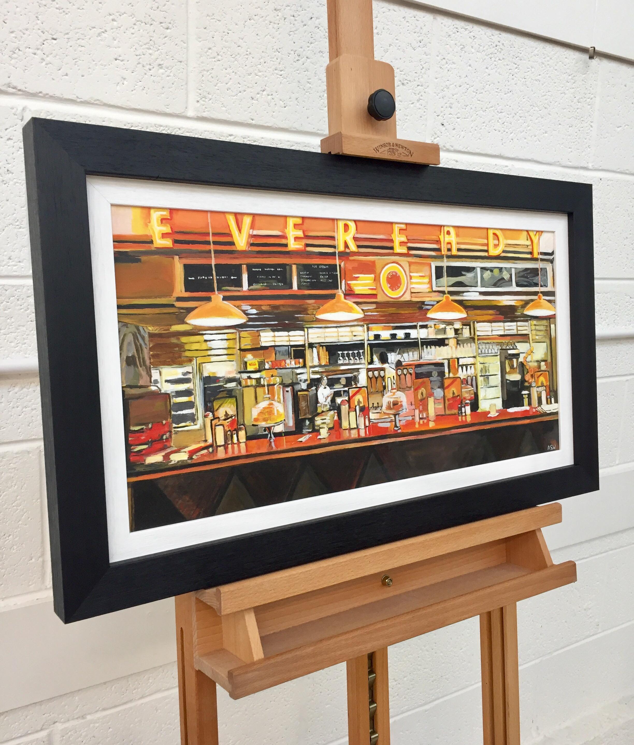 Natura morta di un diner americano dipinta da un importante artista britannico di paesaggi urbani - Painting di Angela Wakefield