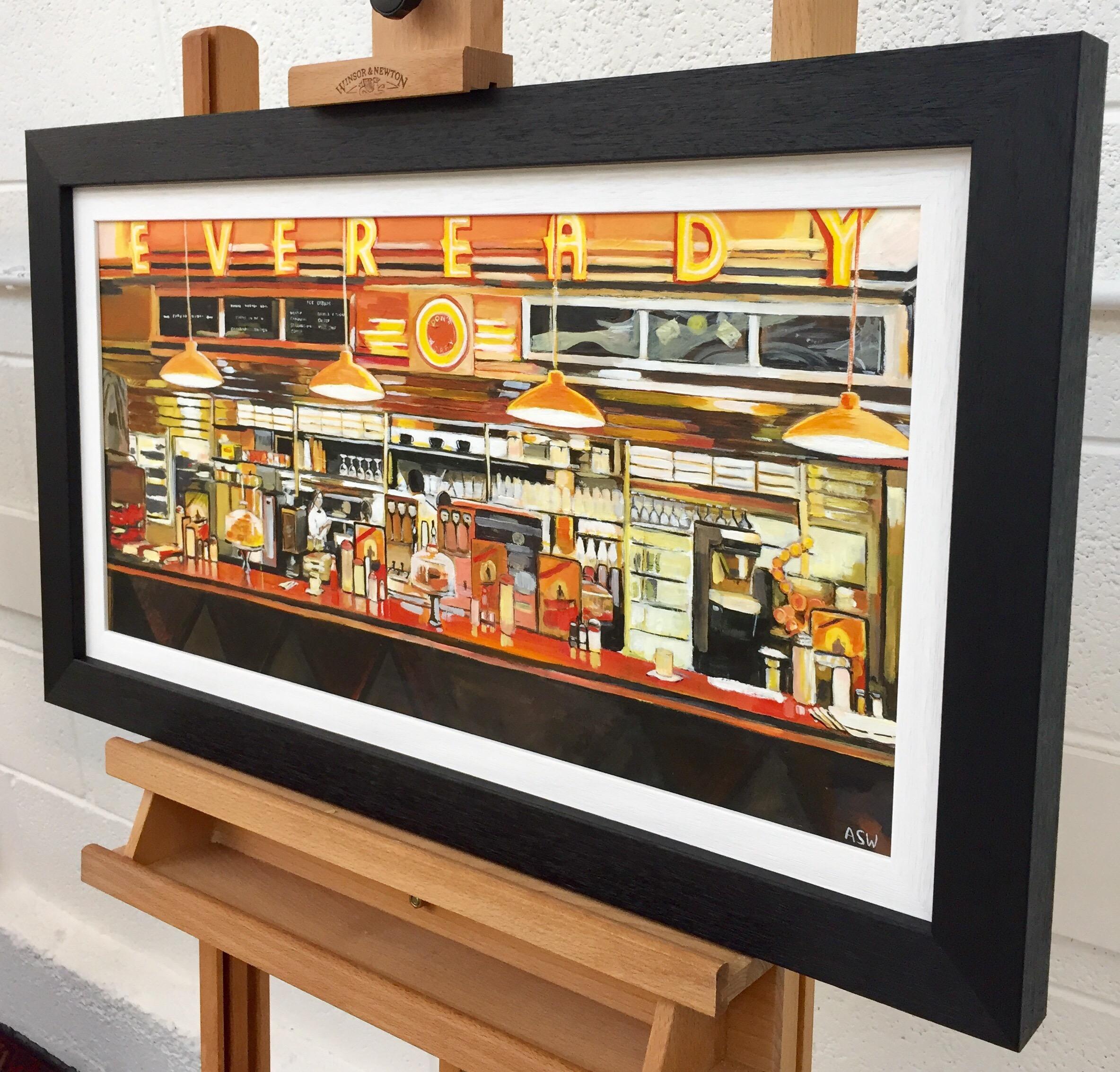 Amerikanisches Diner-Stillleben des führenden britischen Stadtlandschaftskünstlers (Braun), Interior Painting, von Angela Wakefield