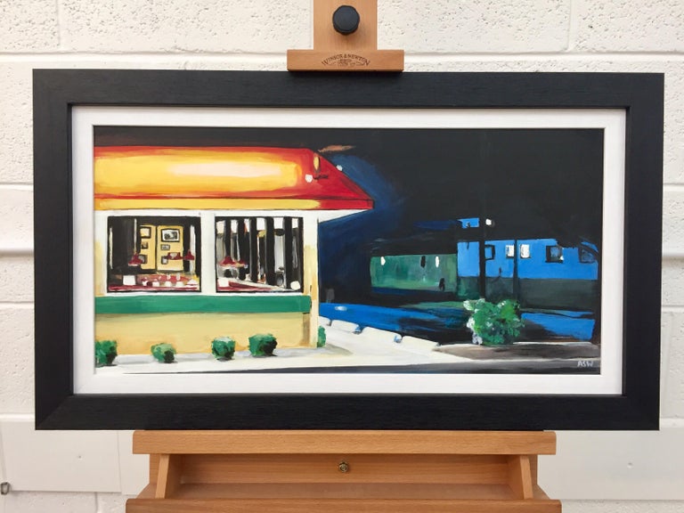 American Diner Painting by Leading British Urban Landscape Artist, Angela Wakefield. Paintings of American Diners, Food Courts, Truck Stops, Gas Stations, Still Life and all aspects of “Americana”.

Art measures 24 x 12 inches
Frame measures 28 x 16