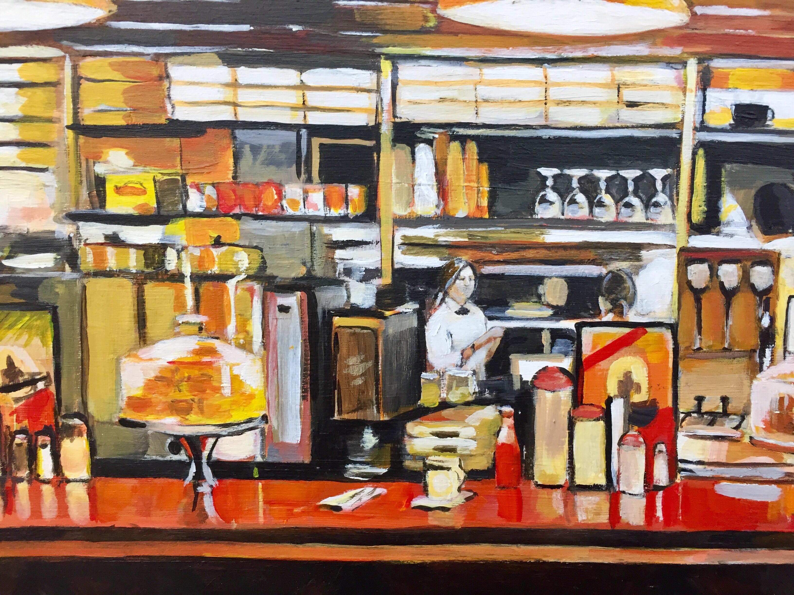 Amerikanisches Diner-Gemälde der führenden britischen Künstlerin für urbane Landschaften, Angela Wakefield. Gemälde von amerikanischen Diners, Food Courts, Truck Stops, Tankstellen, Stillleben und allen Aspekten der 