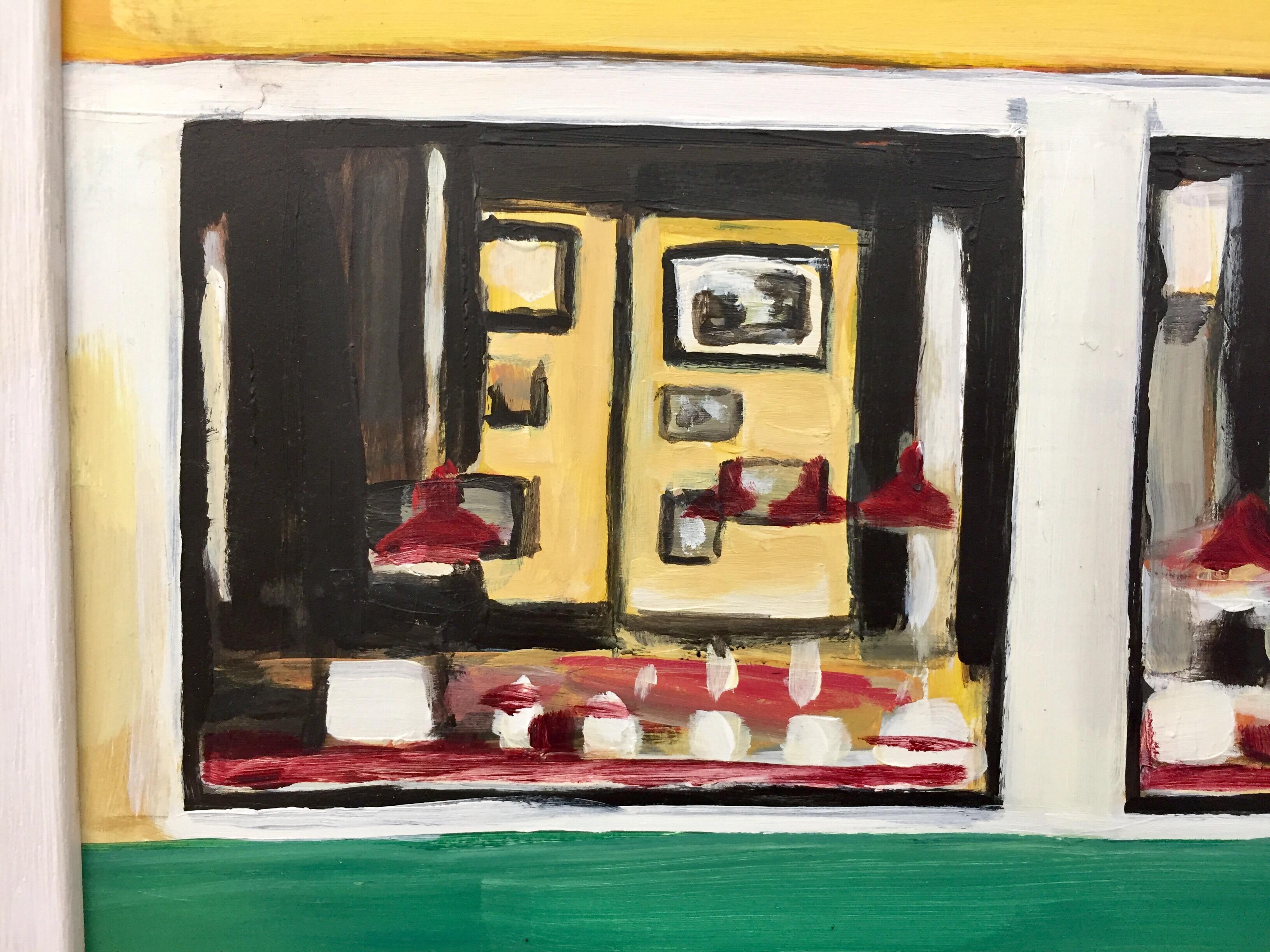 Edward Hopper American Diner dipinto dal principale artista britannico di paesaggi urbani - Interior Painting Nero di Angela Wakefield