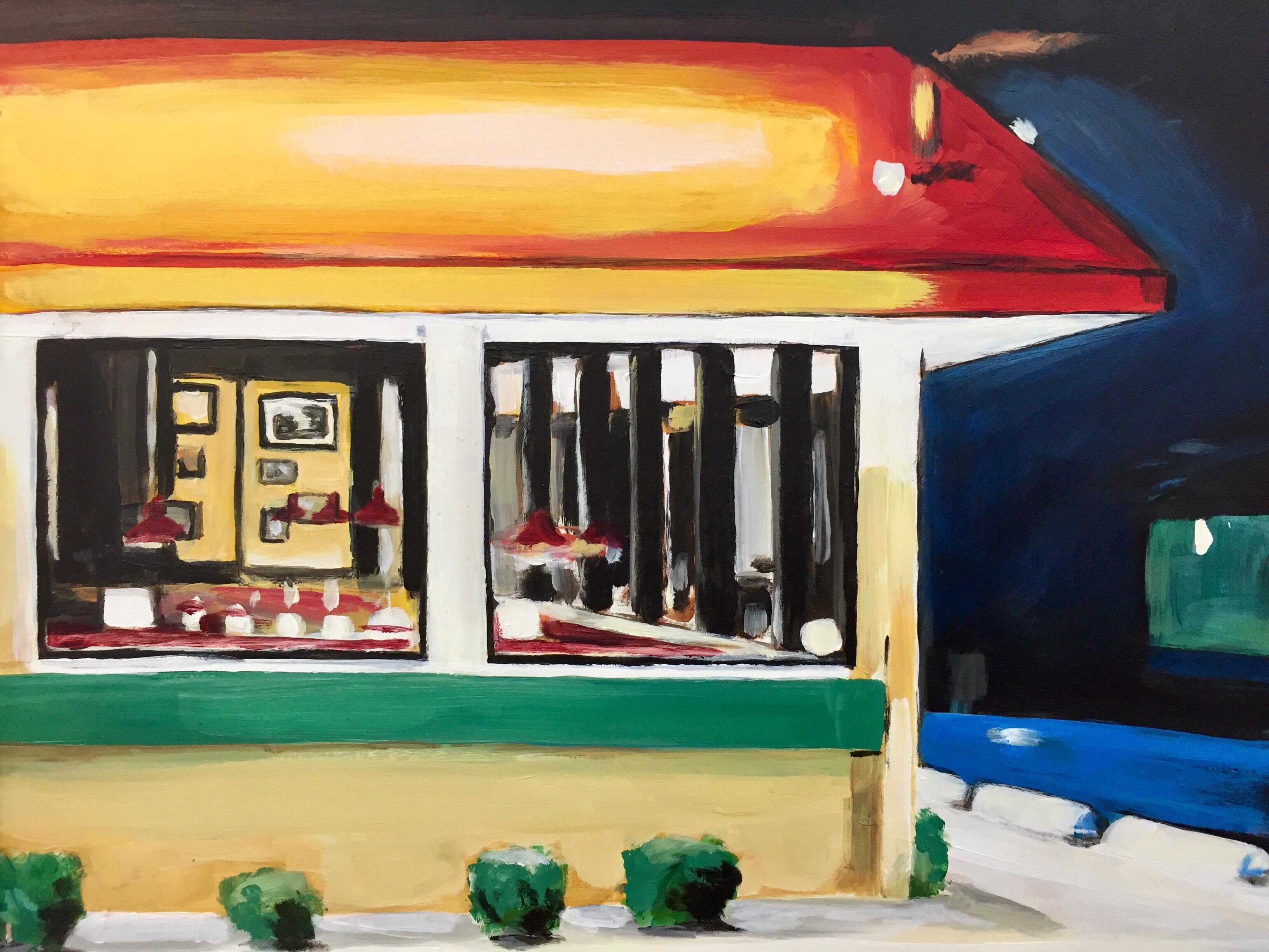 Edward Hopper American Diner Painting by Leading British Urban Landscape Artist For Sale 3