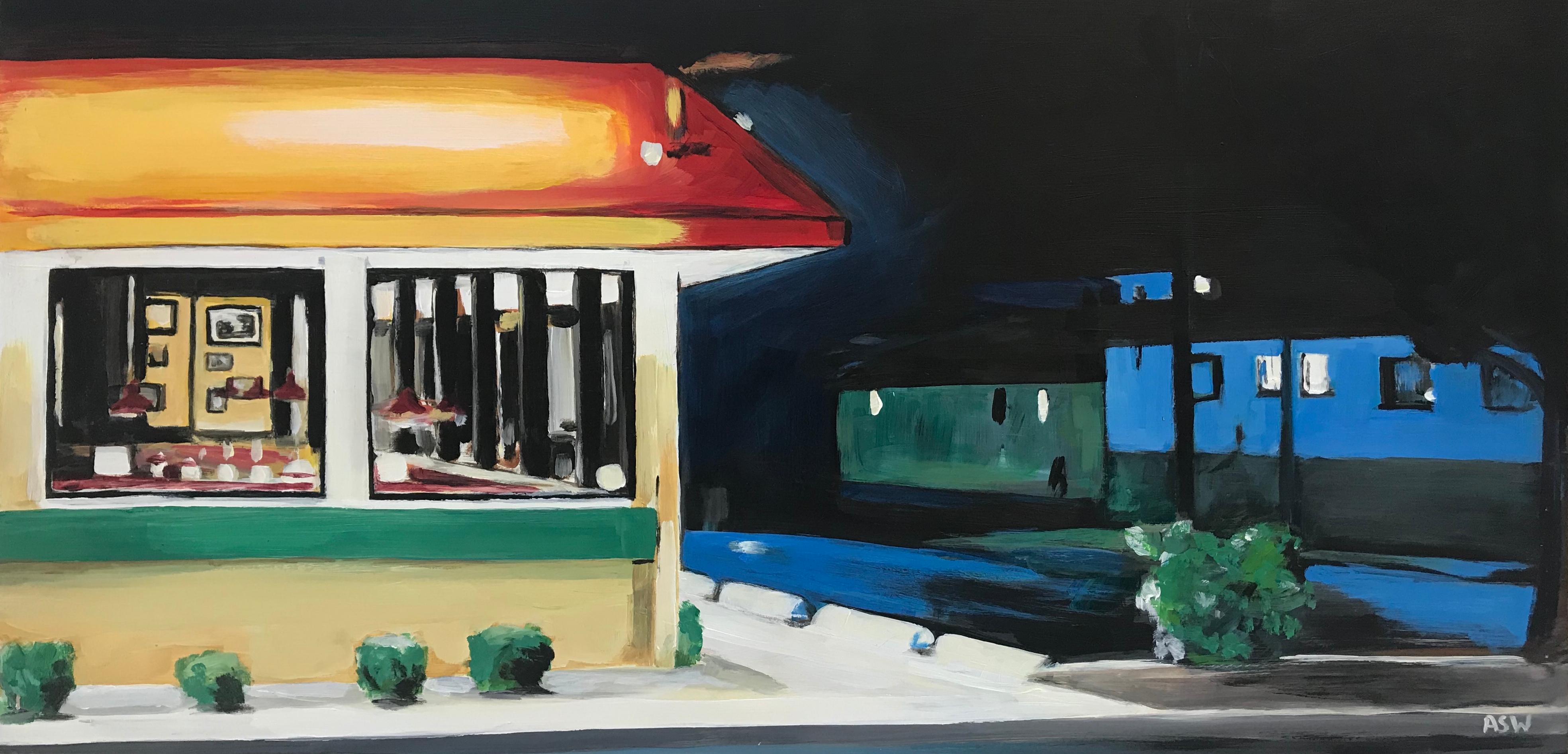 Edward Hopper American Diner Painting by Leading British Urban Landscape Artist, Angela Wakefield. Paintings of American Diners, Food Courts, Truck Stops, Gas Stations, Still Life and all aspects of “Americana”.

Art measures 24 x 12 inches
Frame