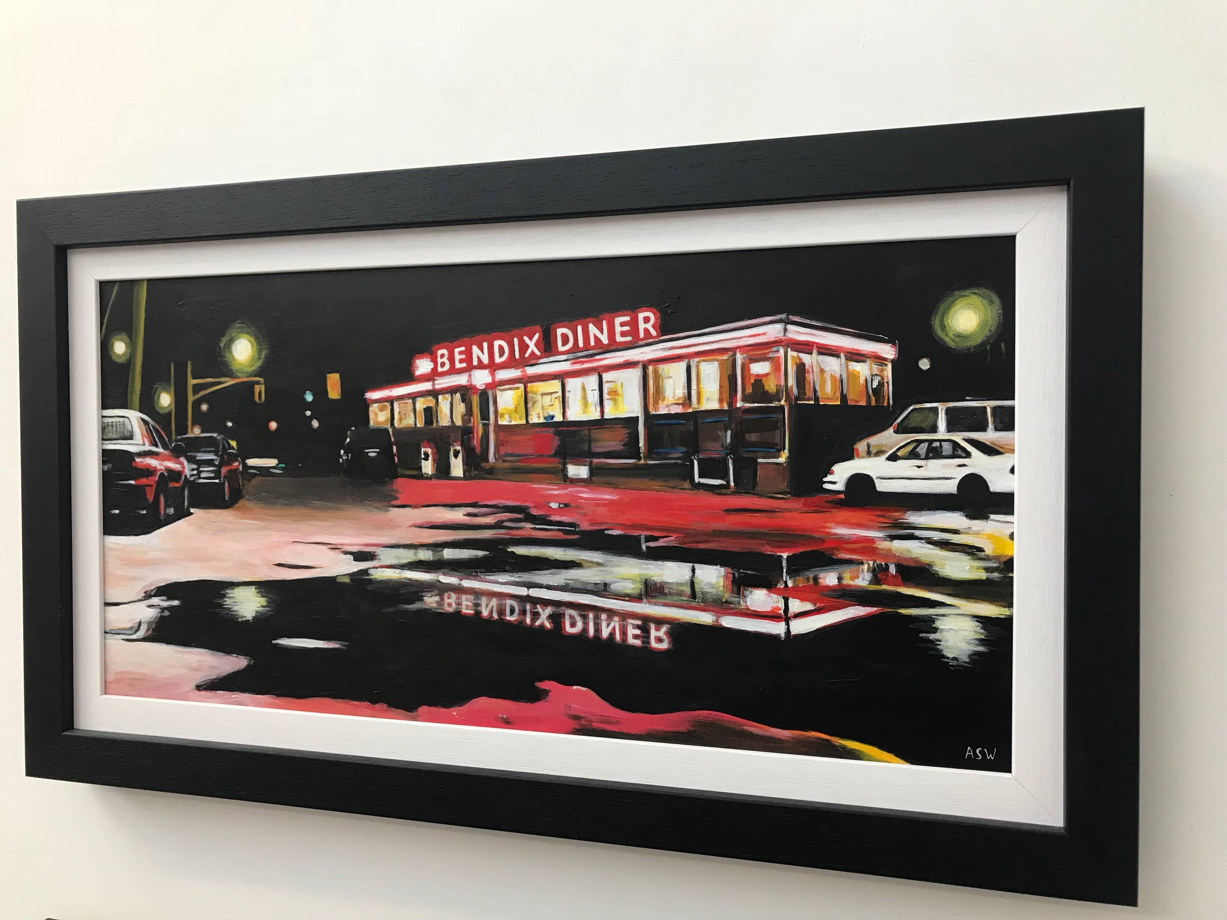 'Bendix Diner' in New Jersey is an American Diner Painting by Leading British Urban Landscape Artist Angela Wakefield, forming part of her Americana Series. Angela is often favourably compared to Edward Hopper, especially with her paintings of