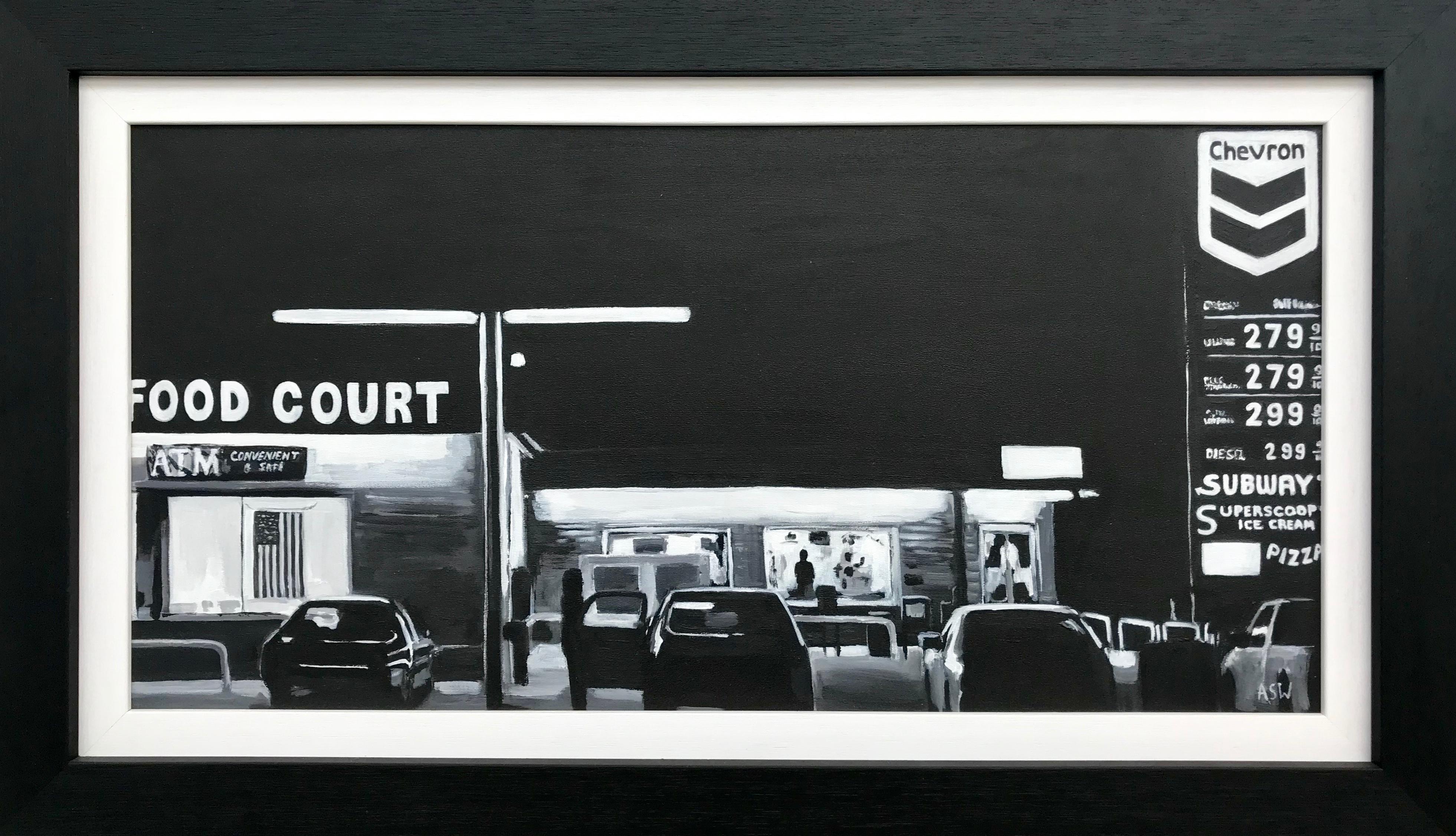 Angela Wakefield Still-Life Painting - Painting of American Route 66 Gas Station at Night by Collectible British Artist