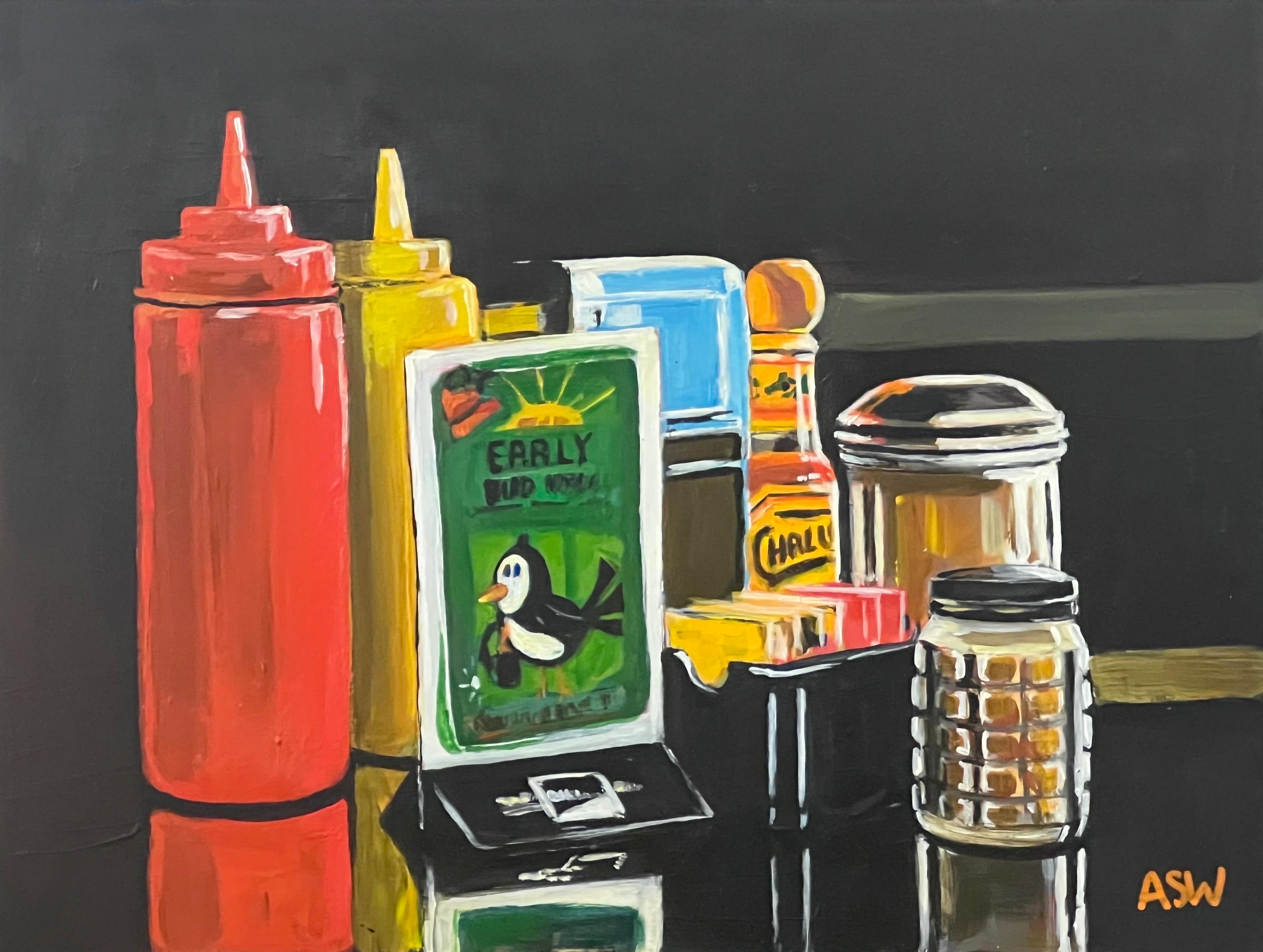 Americana Still Life Painting of American Diner Table Condiments & Sauces Art by Leading British Urban Painter, Angela Wakefield

Art measures 12 x 9 inches
Frame measures 17 x 14 inches

Angela Wakefield has twice been on the front cover of ‘Art of