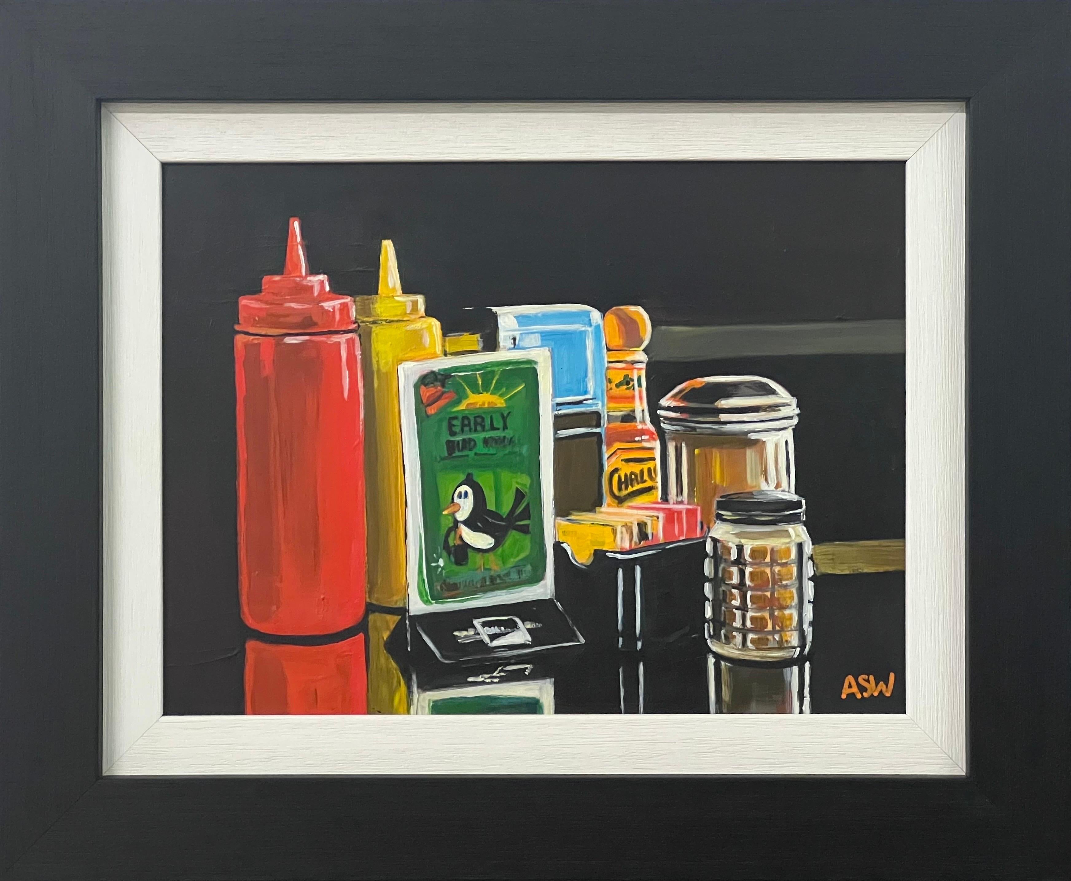 Angela Wakefield Still-Life Painting – Amerikanisches Stillleben, Gemälde eines amerikanischen Esstischs in Condiments & Sauces, Kunst