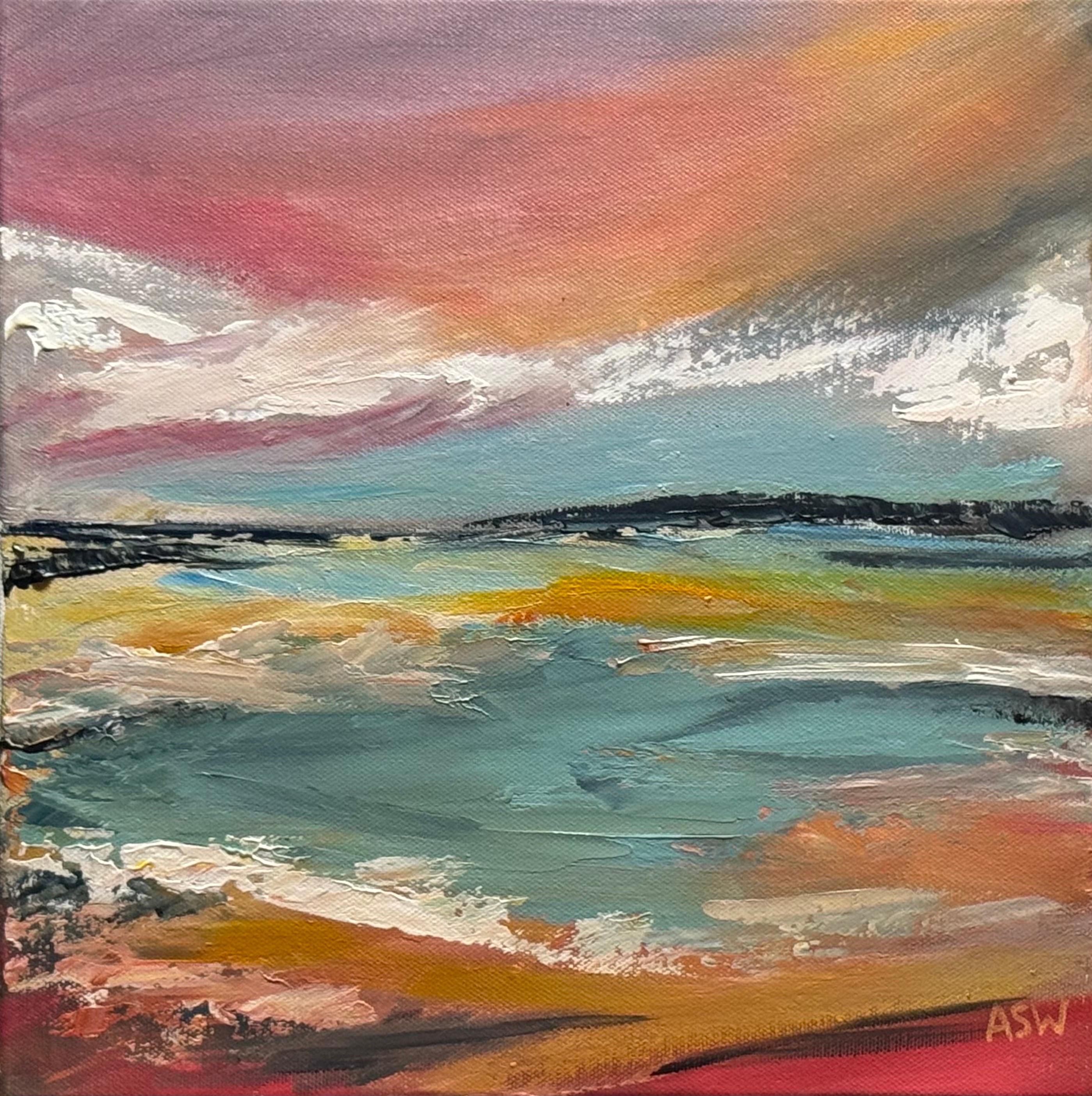 Eine pastellfarbene Meereslandschaft in den Farben des Sonnenaufgangs  Türkis, Koralle und Gold, die an ruhige Erneuerung erinnern (Post-Impressionismus), Painting, von Angela Wakefield