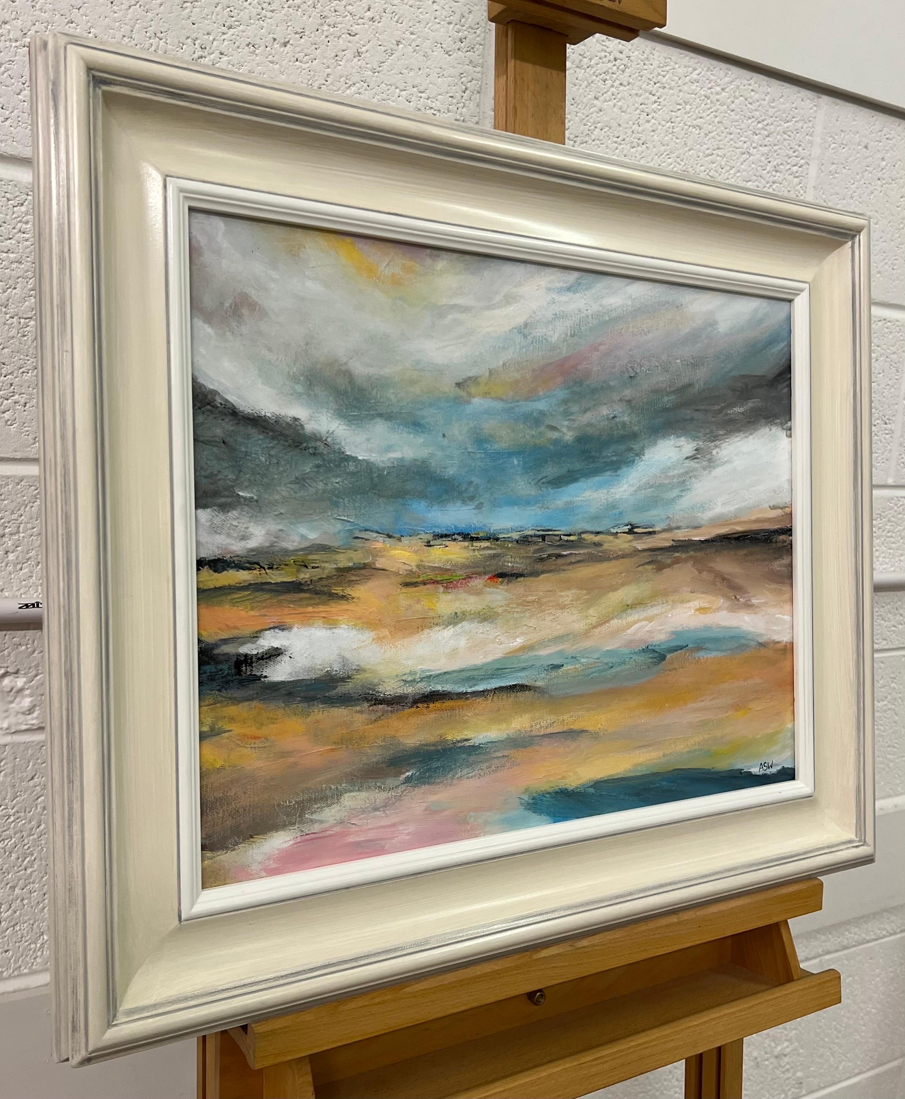 Atmospheric Abstract Landscape Seascape Art of England using Blue & Warm Yellows - Painting by Angela Wakefield