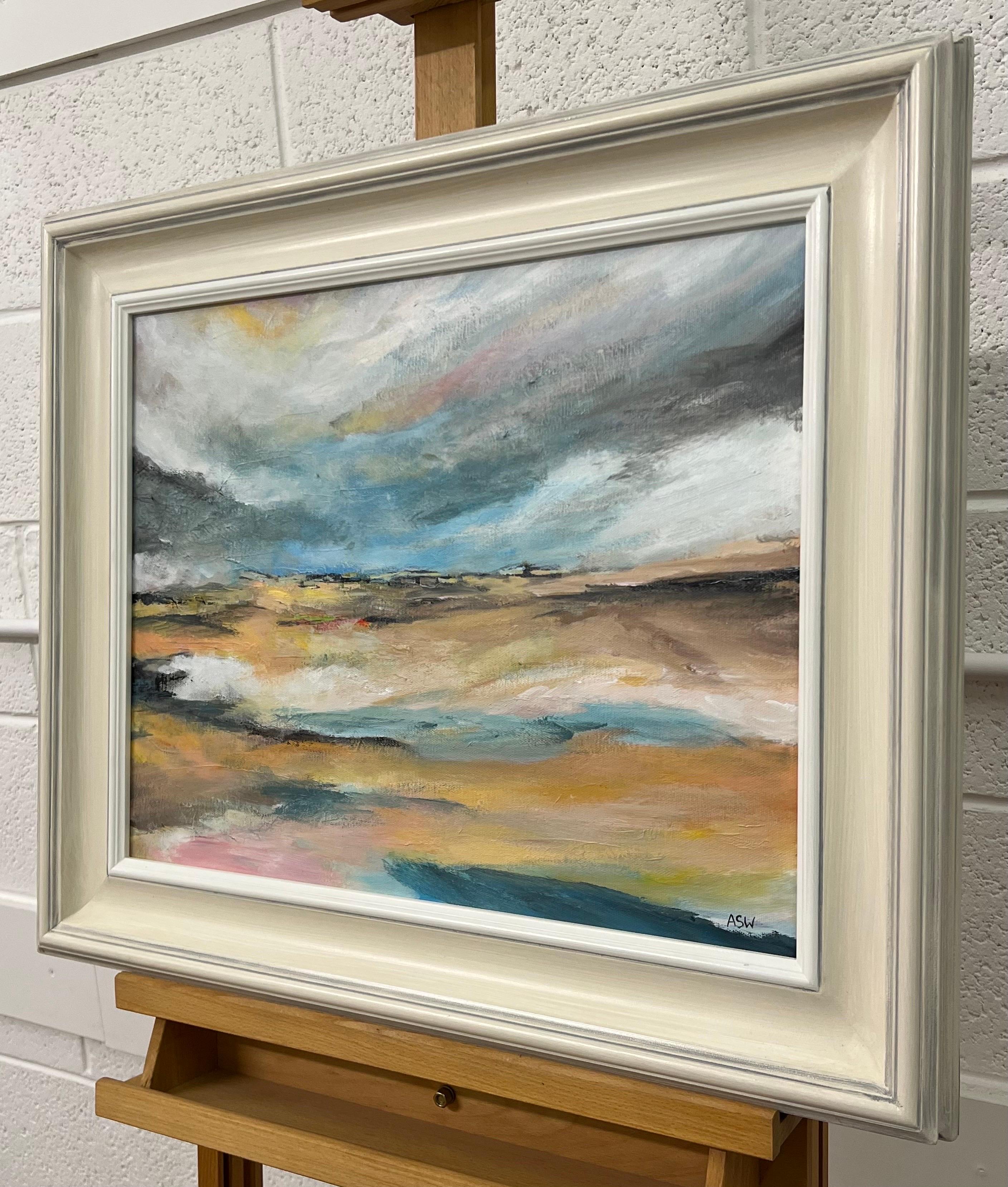 Atmospheric Abstract Landscape Seascape Art of England using Blue & Warm Yellows - Contemporary Painting by Angela Wakefield